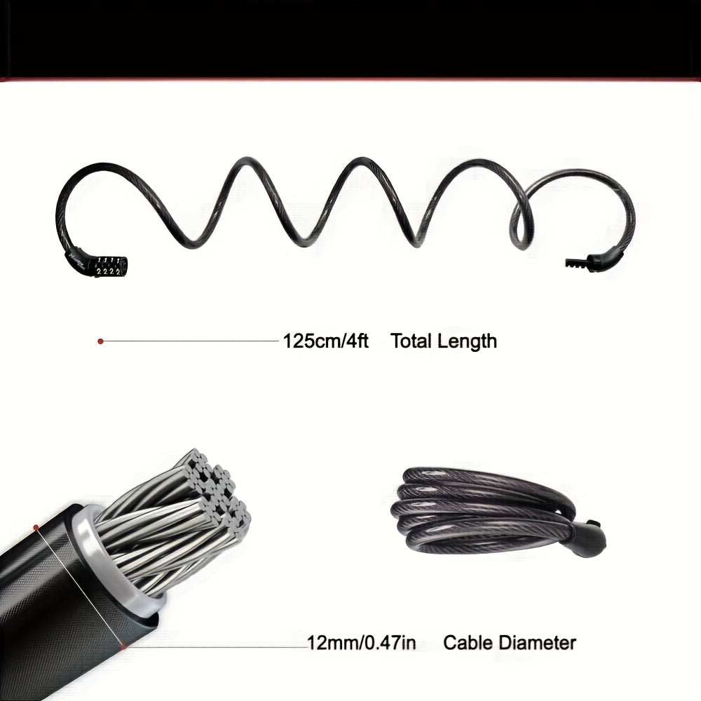 Bicycle Cable Lock 12mm Thick 49-Inch Heavy-Duty Anti-Theft Bike Lock with Keys Waterproof Mounting Bracket for Mountain Road Electric Bikes Black