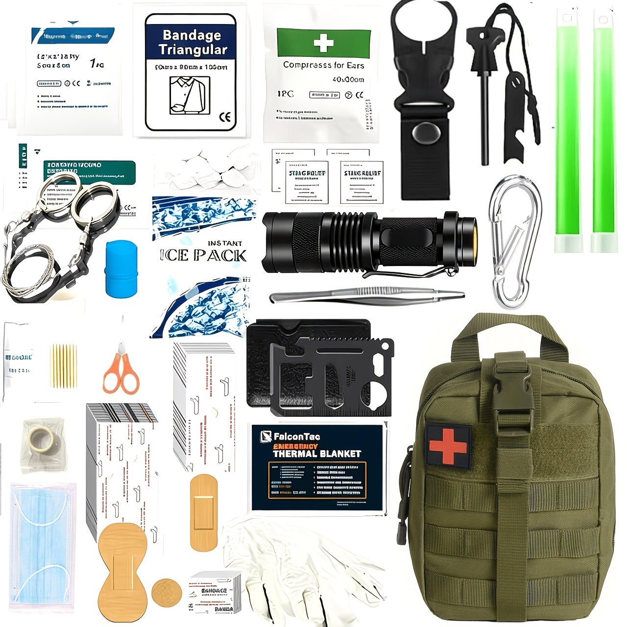 217-Piece Survival Kit with First Aid Kit & Survival Tools MOLLE Storage Bag - Outdoor Camping Hiking Emergency Gear for Men - Brown Black Khaki Green Red Orange Camouflage