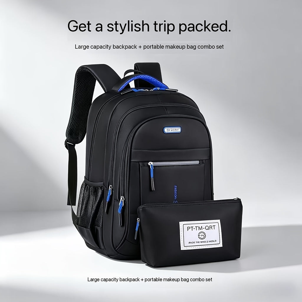 Men's Large Capacity Travel Backpack 3-Piece Set – Durable Nylon, Multi-Compartment Business & Campus Bag with Adjustable Straps, Black Laptop Backpack for Men