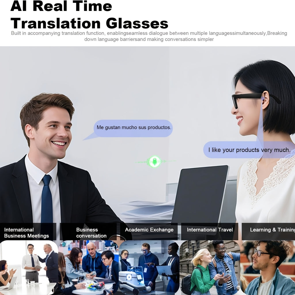 AI Smart Glasses with Real-Time Translation 110+ Languages – Open-Ear Audio, 8MP HD Camera, Color-Changing Lenses, Voice Control, HiFi Music for Travel, Work & Outdoor Sports