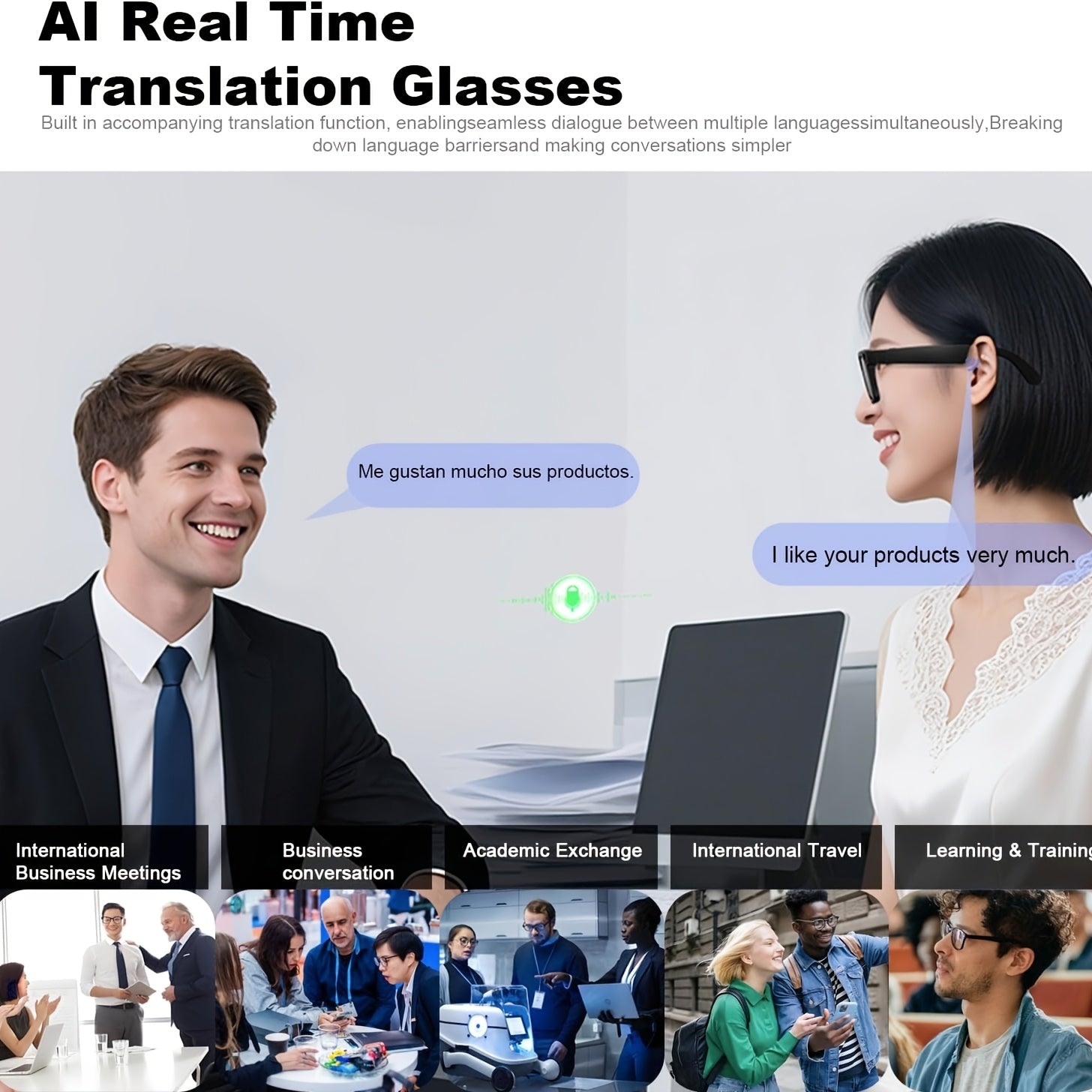AI Smart Glasses with Real-Time Translation 110+ Languages – Open-Ear Audio, 8MP HD Camera, Color-Changing Lenses, Voice Control, HiFi Music for Travel, Work & Outdoor Sports