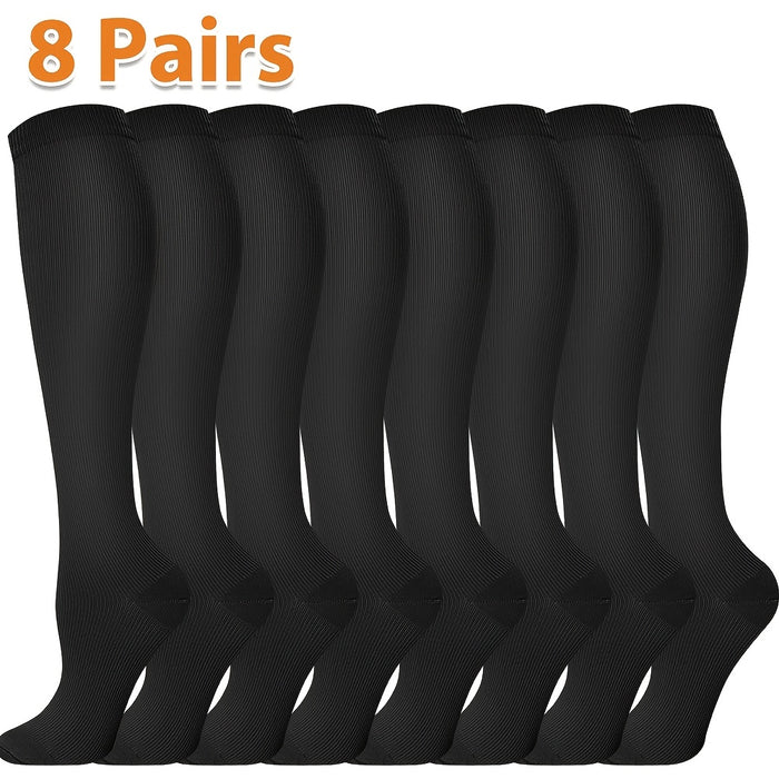Compression Socks 8-Pair Set Knee High – Breathable Graduated Support for Nurses, Running, Hiking, Travel & Pregnancy | Unisex Men & Women | Black & Beige | S–XXL