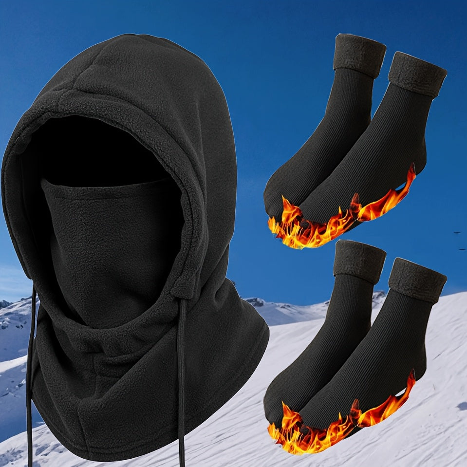 Winter Thermal Set 3 4pcs Face Mask Hat Touchscreen Gloves Fleece Socks Windproof Cold Weather Gear for Men Women – Snowboarding Hiking Ice Fishing Skiing Outdoor Winter Accessories Kit