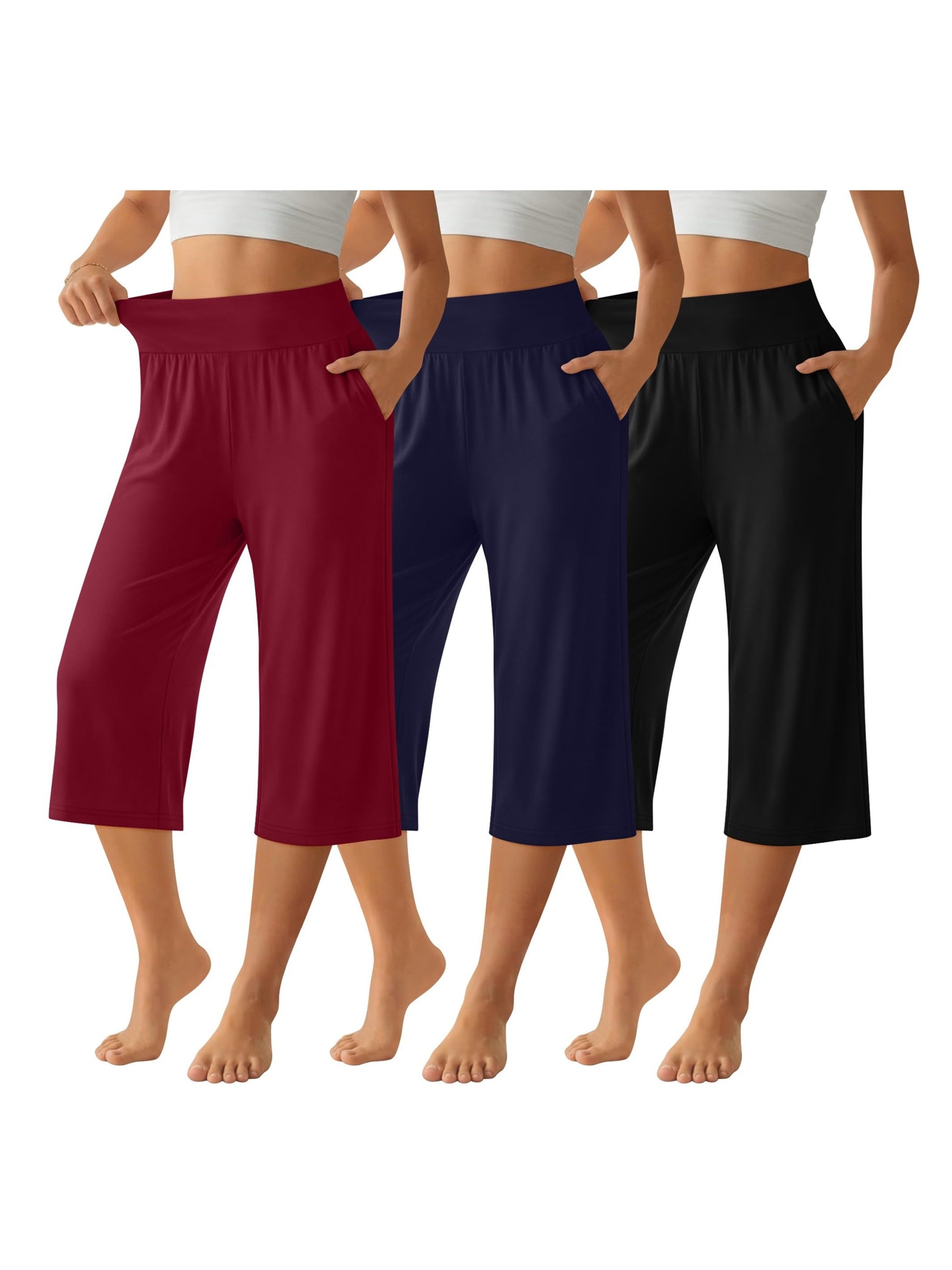 Women's Capri Pants 3 Pack Loose Lounge Joggers Yoga Cropped Sweatpants with Pockets – Elastic Waist Casual Spring Summer Fall