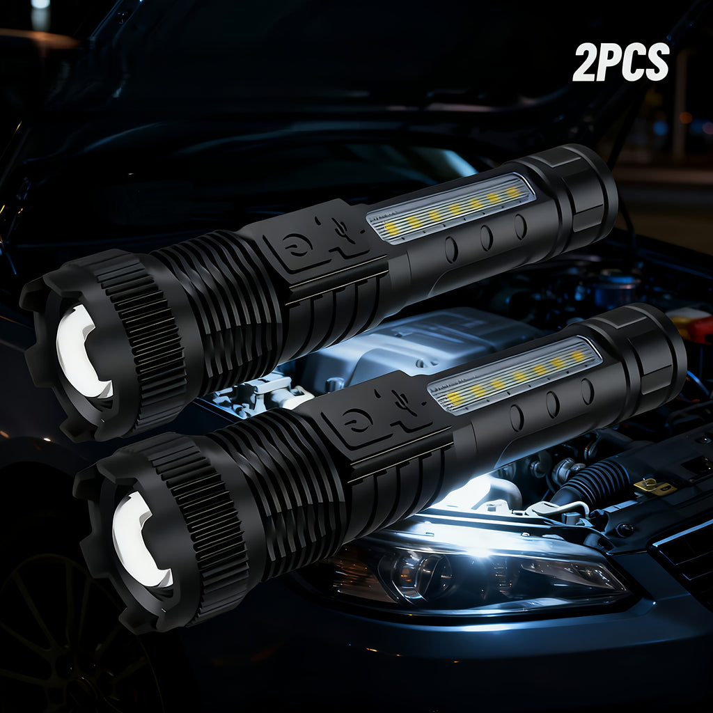 LED Flashlight 2-Pack Rechargeable USB High Brightness - 6 Lighting Modes COB Side Light Zoomable Handheld Torch for Camping Emergencies Outdoor Adventures