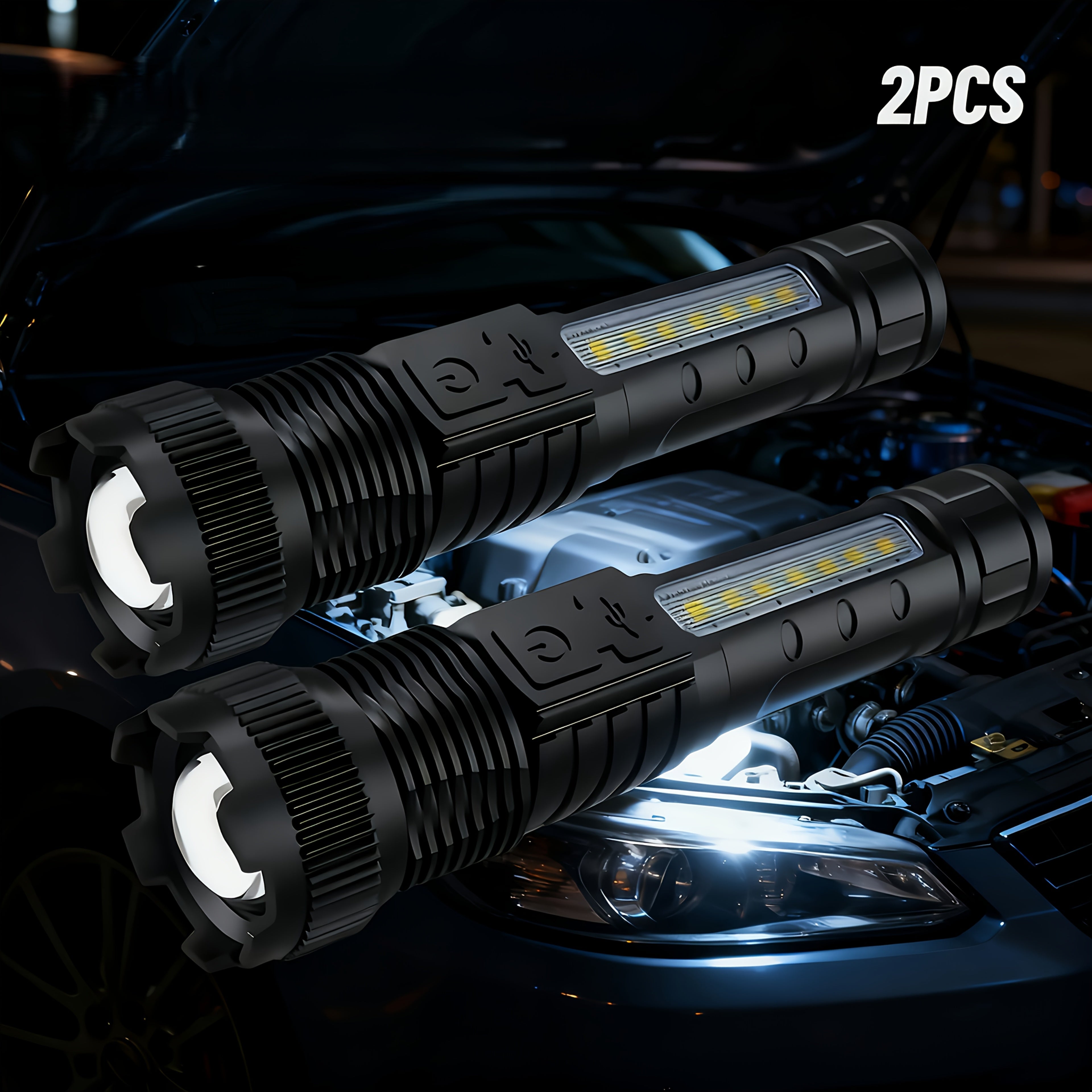 LED Flashlight 2-Pack Rechargeable USB High Brightness - 6 Lighting Modes COB Side Light Zoomable Handheld Torch for Camping Emergencies Outdoor Adventures