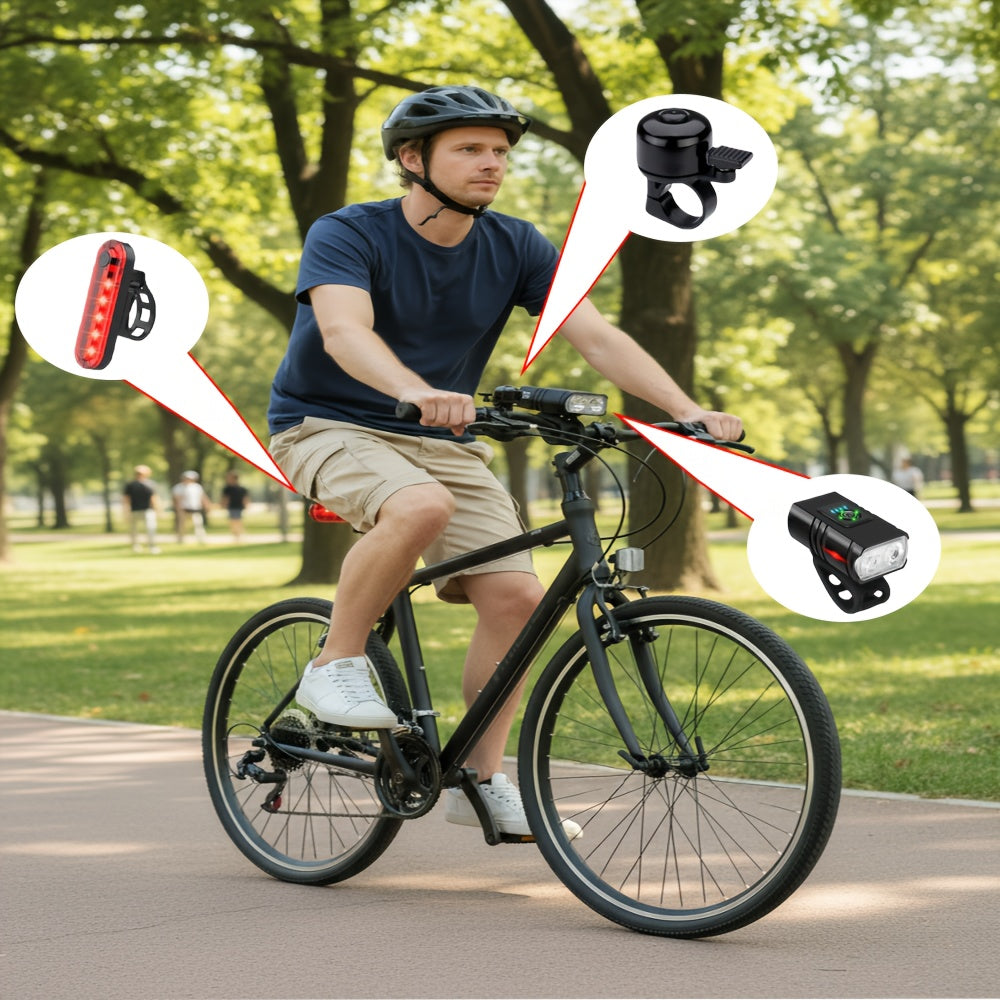 Bicycle Light Set USB Rechargeable – LED Headlight 6 Modes 180° + Taillight + Bell for Night Road Mountain Cycling Safety