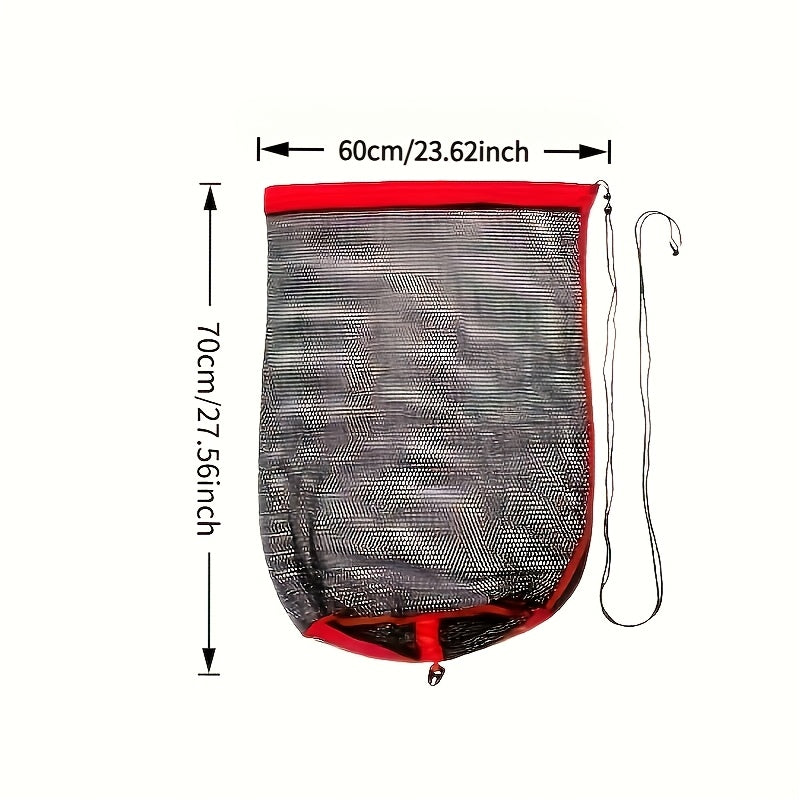 Portable Nylon Fishing Net Bag Mesh Fish Collection Cage – Lightweight Easy-Carry Handle for Fishing Snorkeling Gear Storage Black Red
