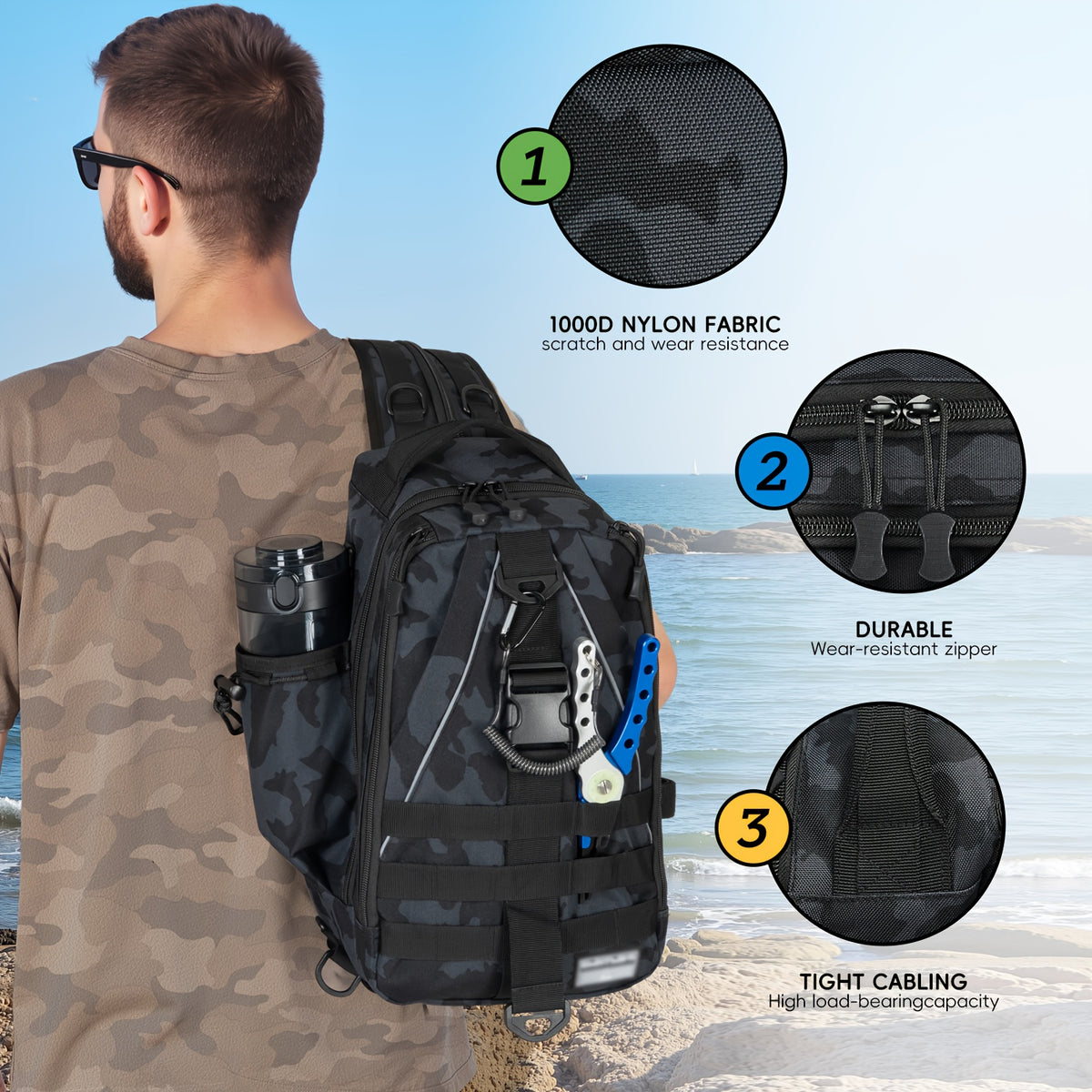 Tackle Sling Bag with Rod Holder for Men & Women – Fishing Backpack Daypack, Multi-Pocket Fly Fishing Bag, Camouflage Khaki Black, Standard & Large, Best Fishing Gift for Dad