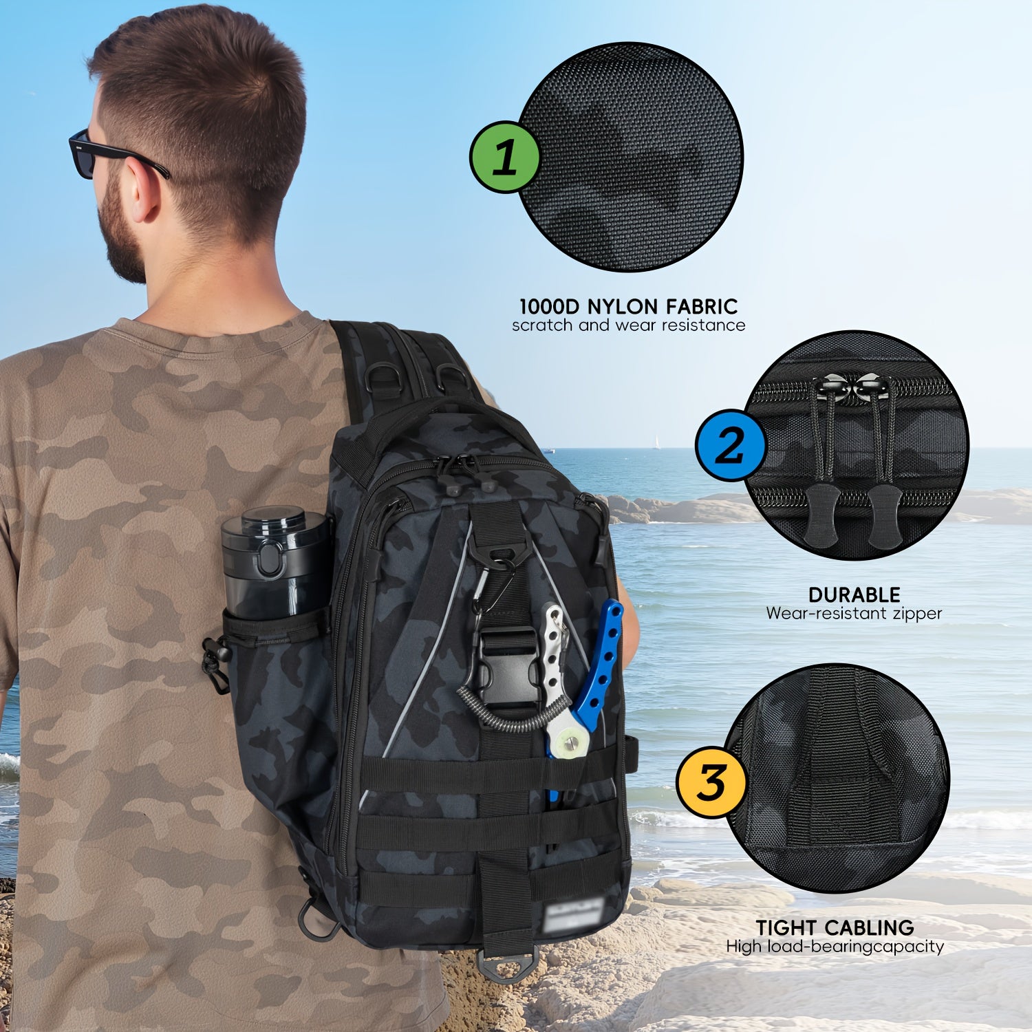 Tackle Sling Bag with Rod Holder for Men & Women – Fishing Backpack Daypack, Multi-Pocket Fly Fishing Bag, Camouflage Khaki Black, Standard & Large, Best Fishing Gift for Dad