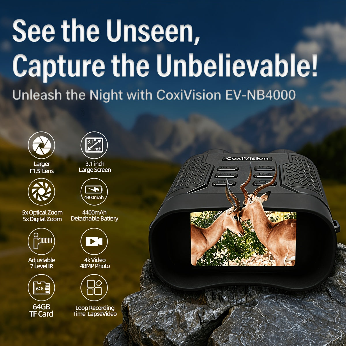 4K Night Vision Goggles for Adults – 3.1" Large Screen, 4400mAh Rechargeable Battery, 48MP Photo & 4K Video, Infrared Night Vision for Hunting, Security, Camping & Wildlife Watching