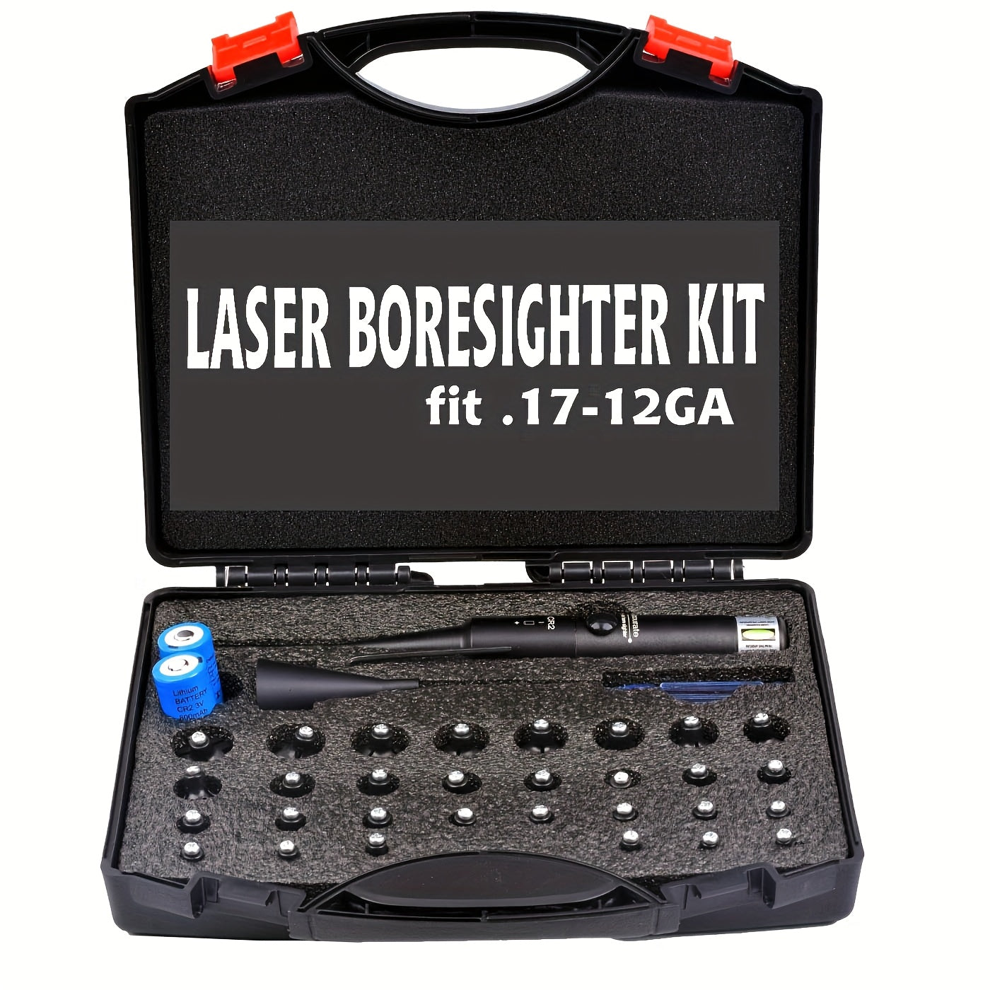 Laser Bore Sight Kit with 32 Adapters – Fits .17 to 12GA, Green & Red Laser, 15-100 Yard Range, Button ON/OFF, 8-Hour Battery