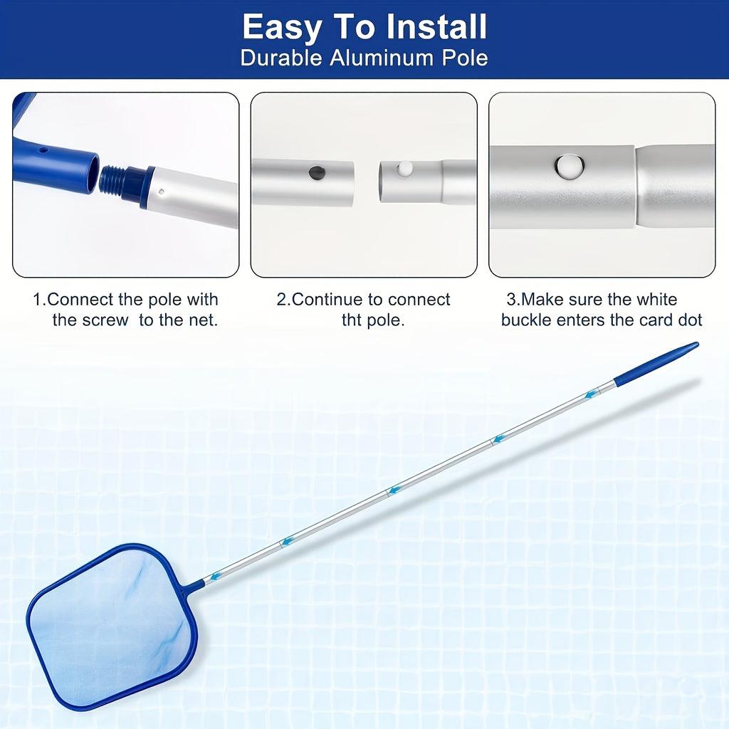 Pool Cleaning Set 3-Piece with 5-Section Aluminum Telescoping Pole, Leaf Skimmer Net & Pool Brush - Complete Pool Cleaner Kit for Above Ground & In-Ground Pools, Hot Tubs, Spas & Garden Ponds