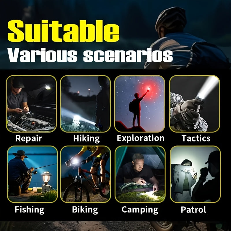 High-Lumen Fire Starting Flashlight Rechargeable LED Torch with COB Side Light 5 Modes Tactical Beam Fresnel Lens Survival Tool for Camping Hiking Fishing Emergency Outdoor Adventures