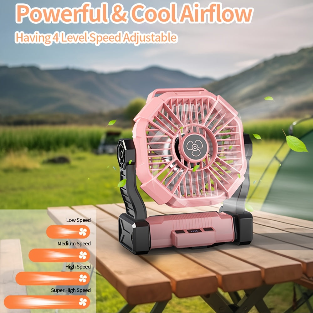 Portable Camping Fan 3-in-1 USB Rechargeable with LED Lantern 4 Wind Speeds Timer Rotating Function Battery Powered Tent Fan for Camping Hiking BBQ Travel Outdoor Adventures