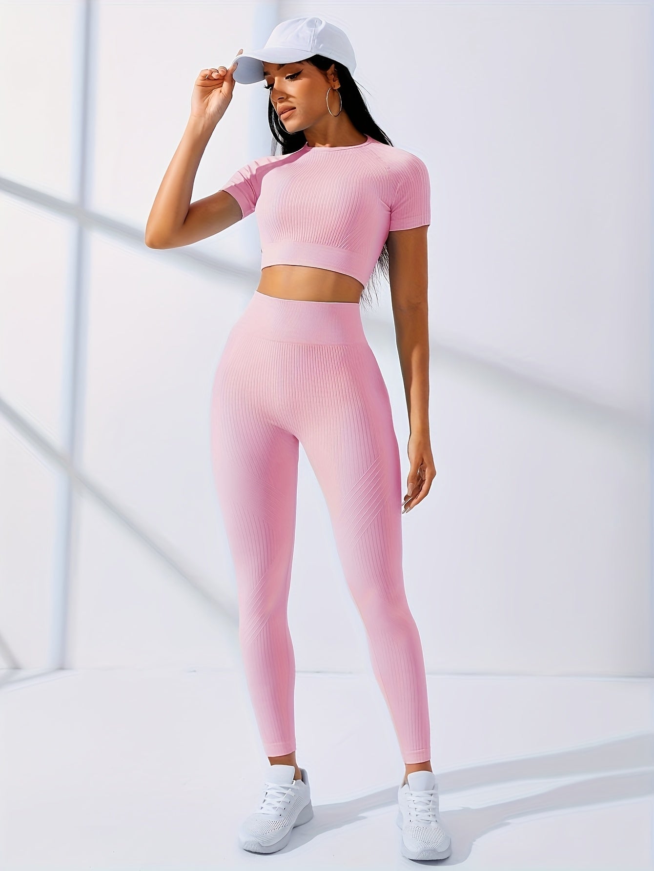 2PCS Women's Workout Set – Yoga Crop Top & Leggings, Crew Neck, Medium Stretch, Solid Color All-Season Activewear, XS-XL