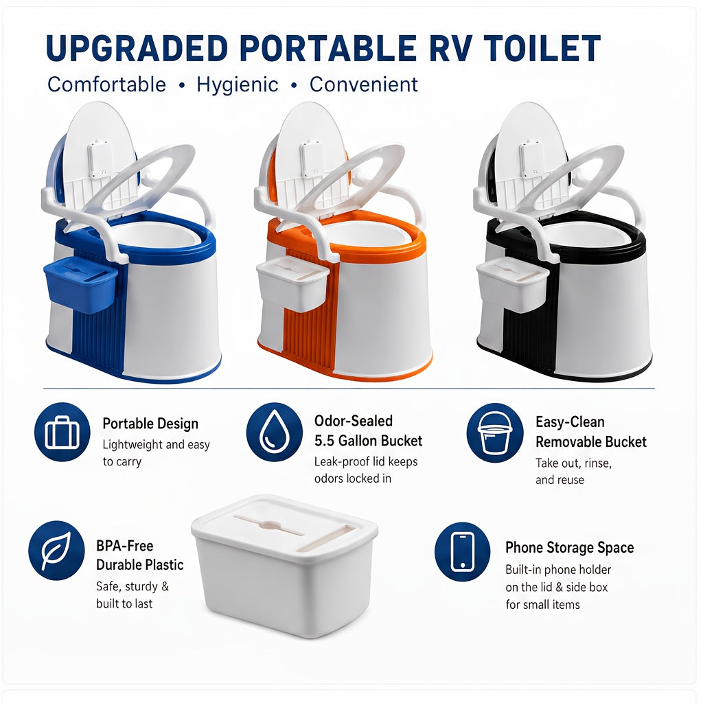 Portable Camping Toilet with Backrest & Handrails – 350LB Capacity, Detachable 6-8 Gallon Bucket, Odor-Control Lid, Lightweight Commode for Camping, RV, Boat & Medical Use