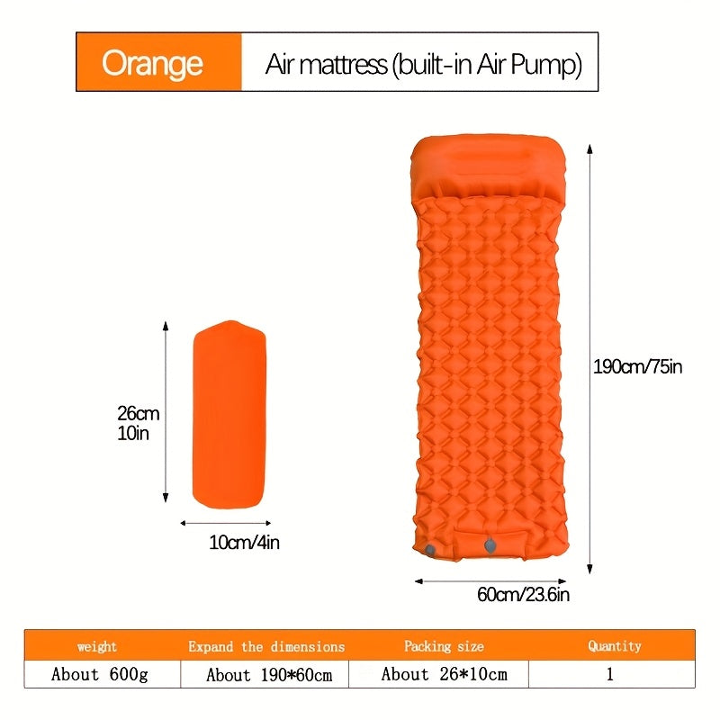 Inflatable Camping Sleeping Pad – Ultralight Nylon TPU with Built-In Pump, Single & Double Size, Self-Inflating Option for Backpacking, Hiking, Tent & Travel, Orange & Blue