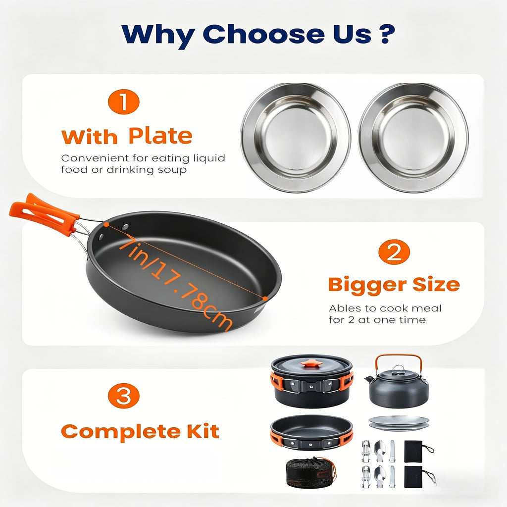Camping Cookware Mess Kit 14/15 Piece Portable Non-Stick Aluminum Alloy Camp Kitchen Set with Kettle Pot Frying Pan Plates Forks Knives Spoons - Backpacking Outdoor Cooking Gear for Hiking