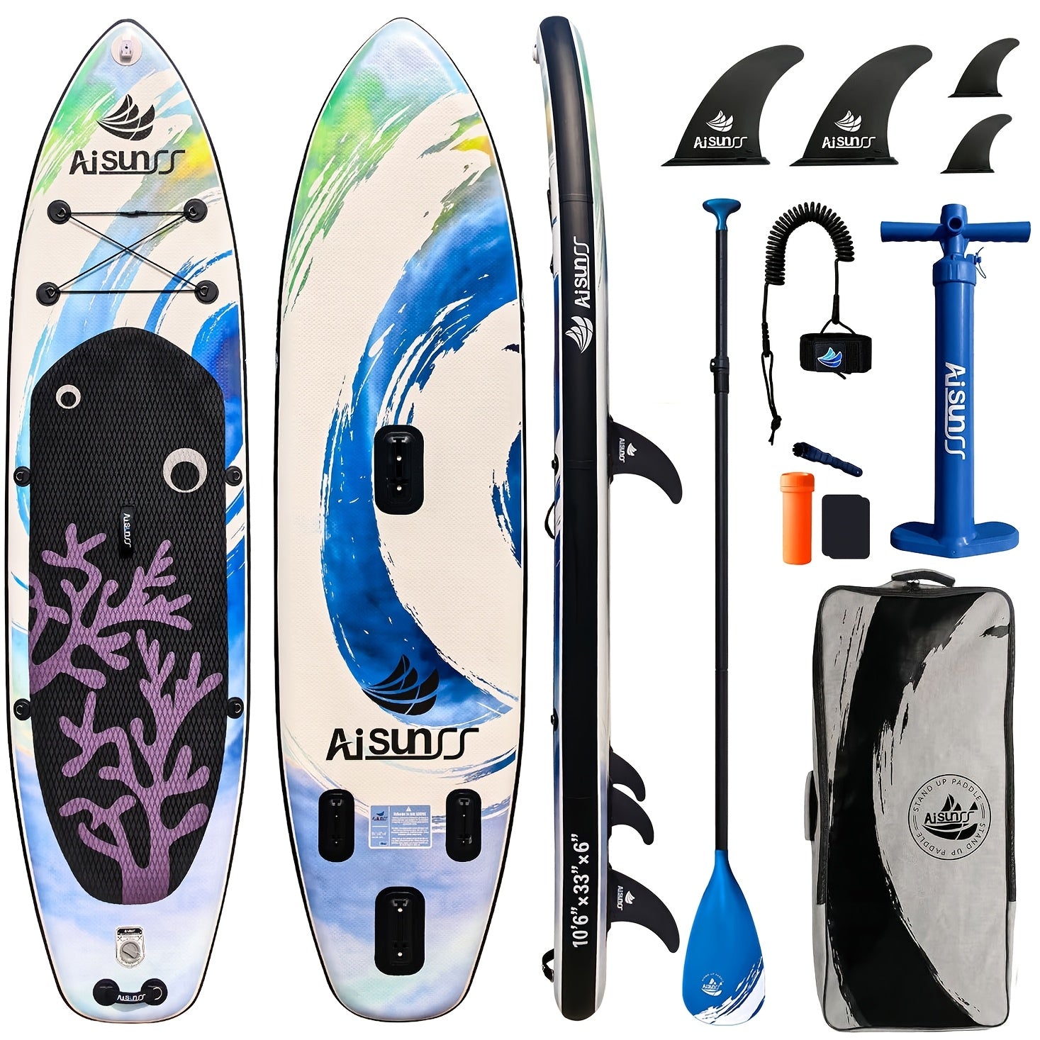 Inflatable SUP Paddle Board for Adults All Skill Levels – Wide Stand Up Board with Carry Bag Hand Pump Waterproof Bag Adjustable Paddle (Blue, Green, Purple)