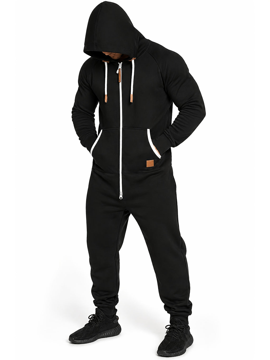 Men's Hooded Fleece Lined Jumpsuit Full Zip – Long Sleeve One Piece Romper with Kangaroo Pocket for Casual Sports Travel Fall Winter, Black Fern Green Red, S-XXXL