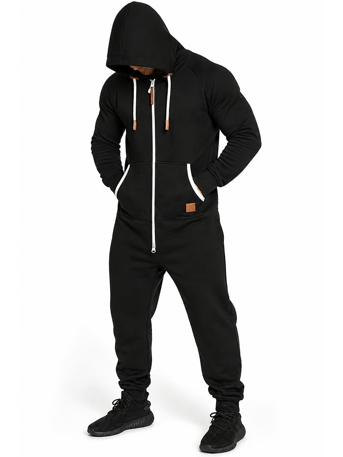 Men's Hooded Fleece Lined Jumpsuit Full Zip – Long Sleeve One Piece Romper with Kangaroo Pocket for Casual Sports Travel Fall Winter, Black Fern Green Red, S-XXXL