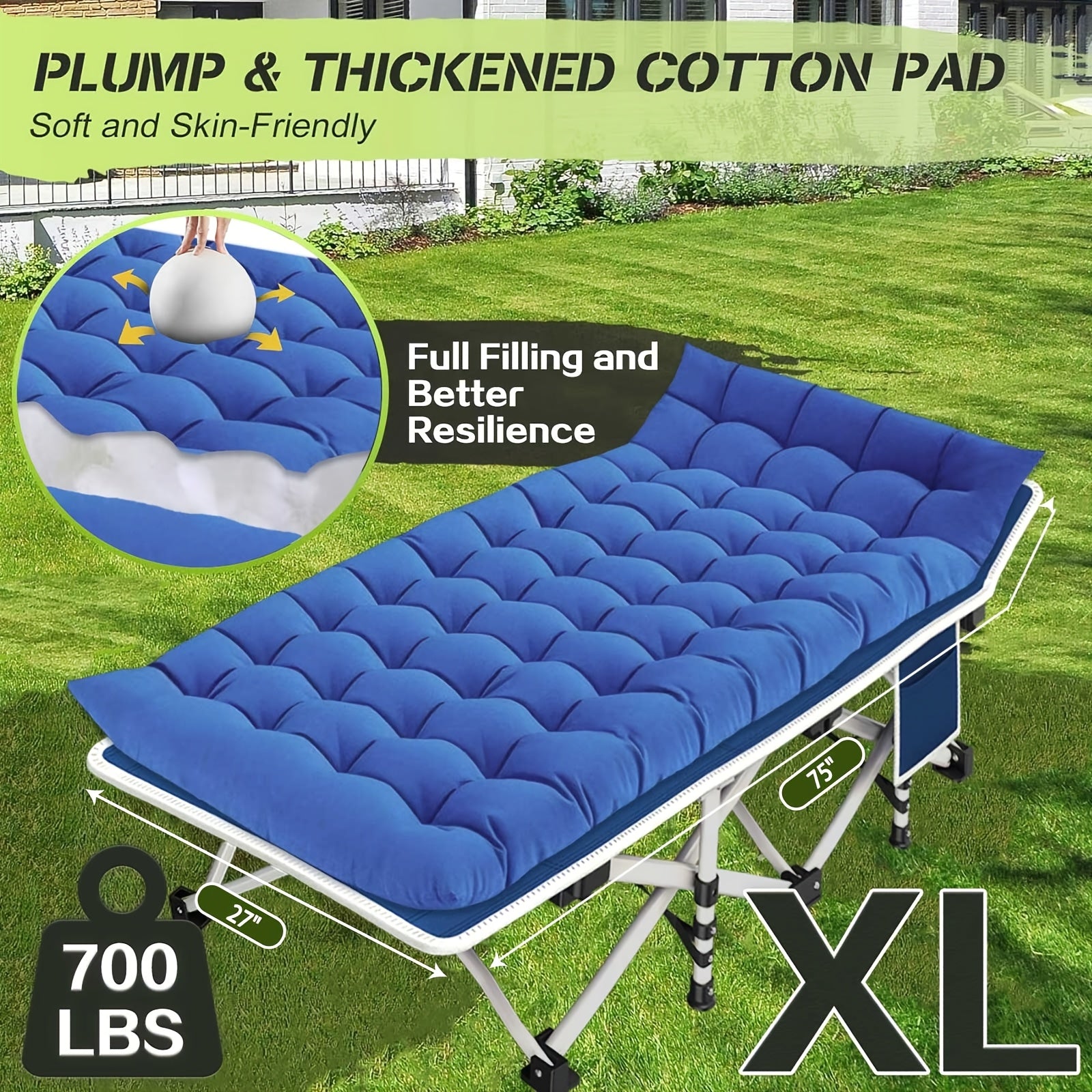 Folding Camping Cot with Mattress XXL Oversize 75"-79" Heavy Duty 700-900 LBS – Portable Guest Bed & Sleeping Cot with Carry Bag for Camping, Travel, Indoor & Outdoor Use