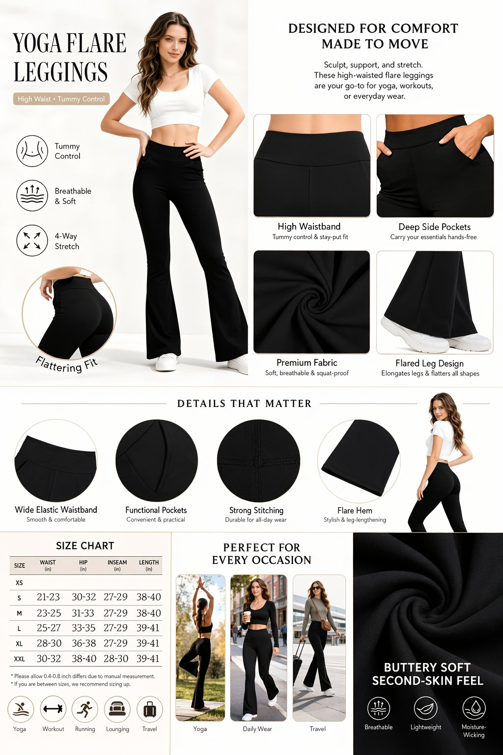 Women's Flare Yoga Pants with Pockets – High Waist Butt Lift Tummy Control Bell Bottom Leggings, Quick-Dry Breathable Sports Pants for Gym Yoga Lounge & Commute, Sizes S-XXL