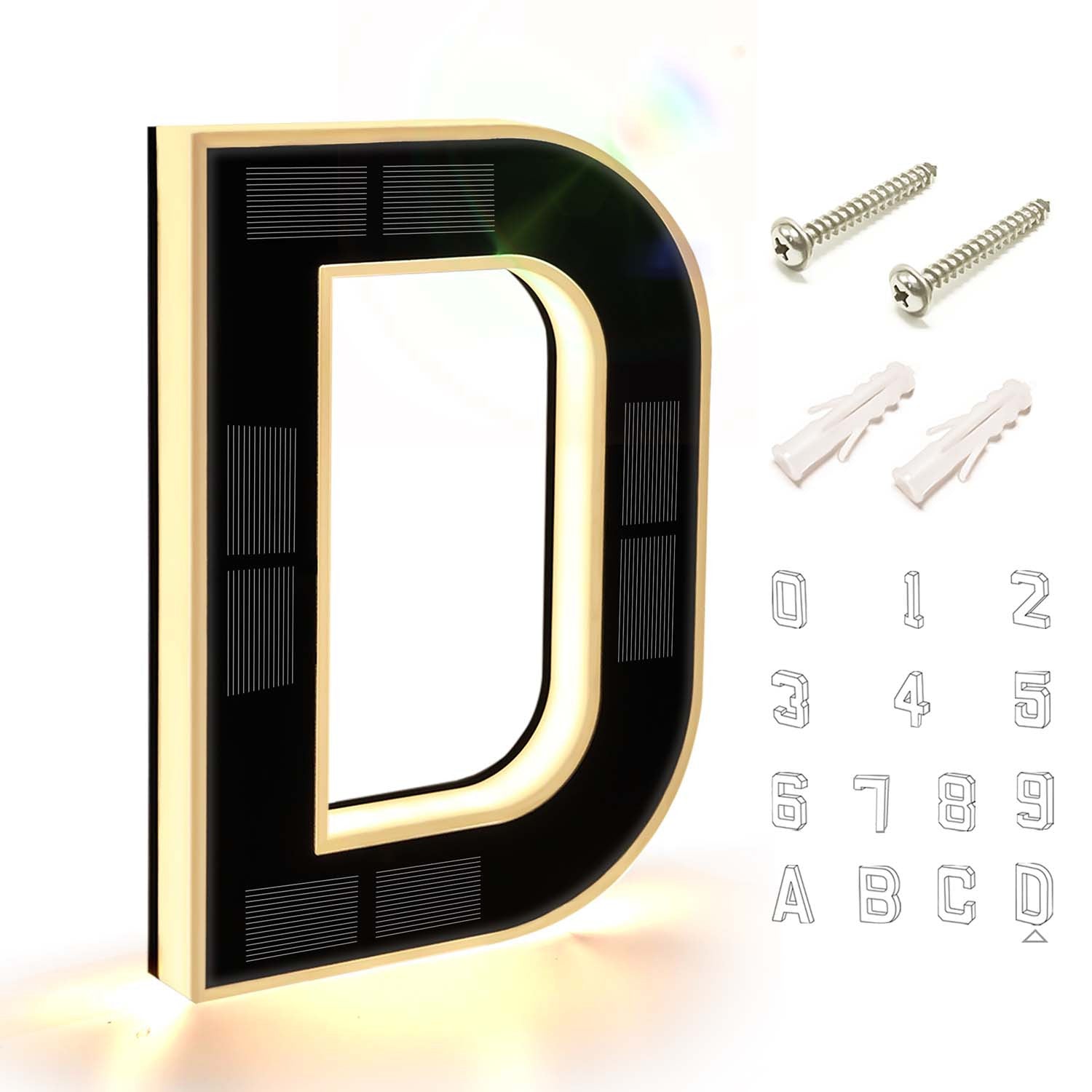 9 Inch Solar Lighted House Numbers for Outside - IP44 Waterproof, Auto Light Sensor, 9hr Illumination, Modern Exterior Address Sign, Numbers 0-9 & Letters A-D