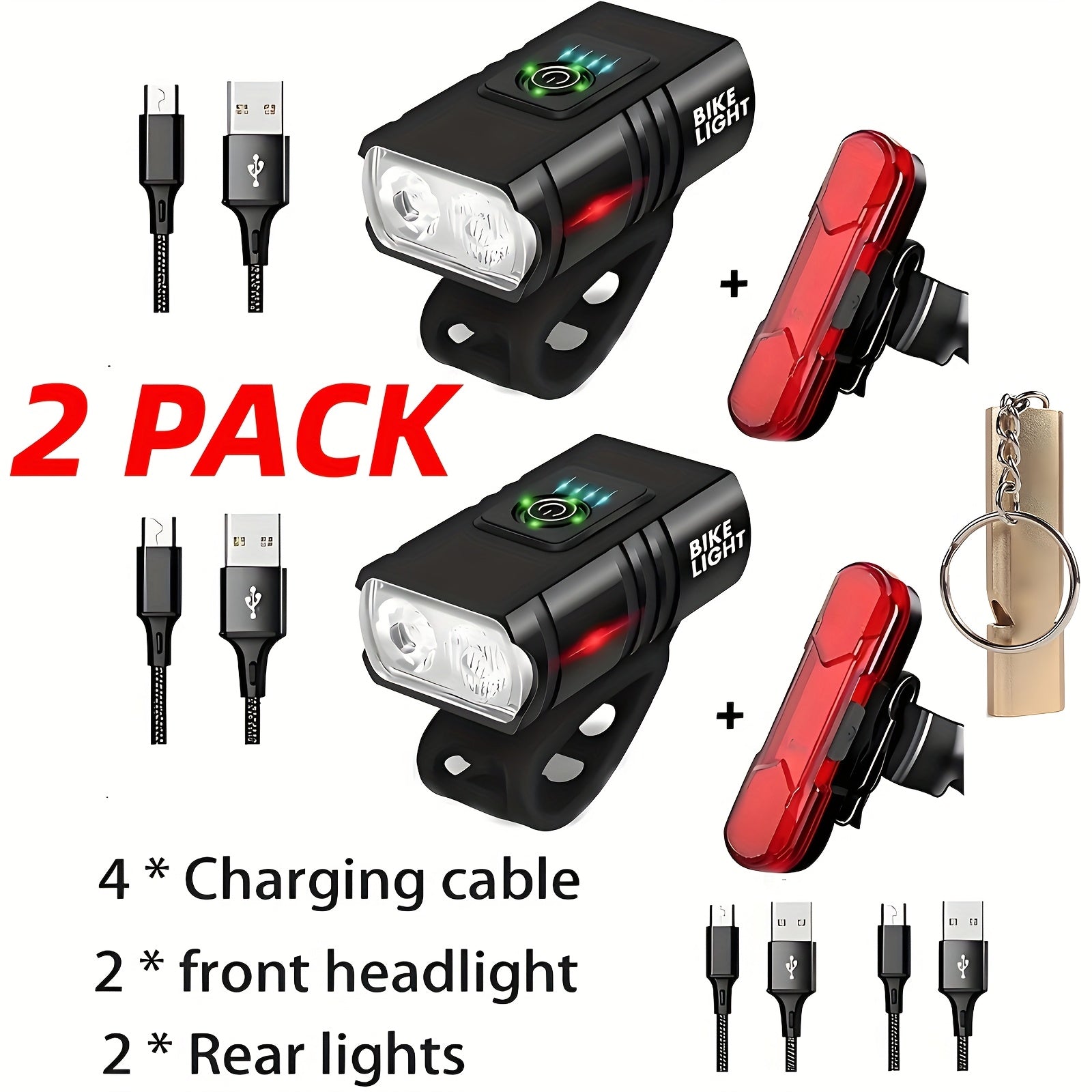 LED Bike Light Set 2pcs USB Rechargeable 1500 Lumen Headlight with Whistle 6 Front Modes 4 Tail Modes Power Display Waterproof Safety Bicycle Lights for Night Riding