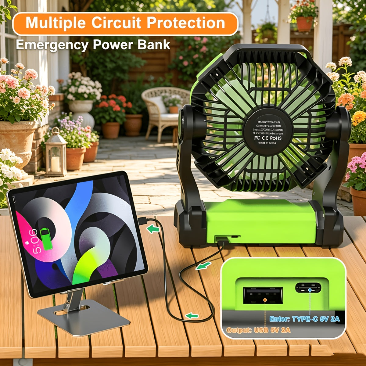 3-in-1 Portable Camping Fan with LED Light & Phone Charger - Rechargeable Battery Tent Fan with Hooks - Desktop Cooling Fan for Camping Patio Travel Sports Events Power Outages