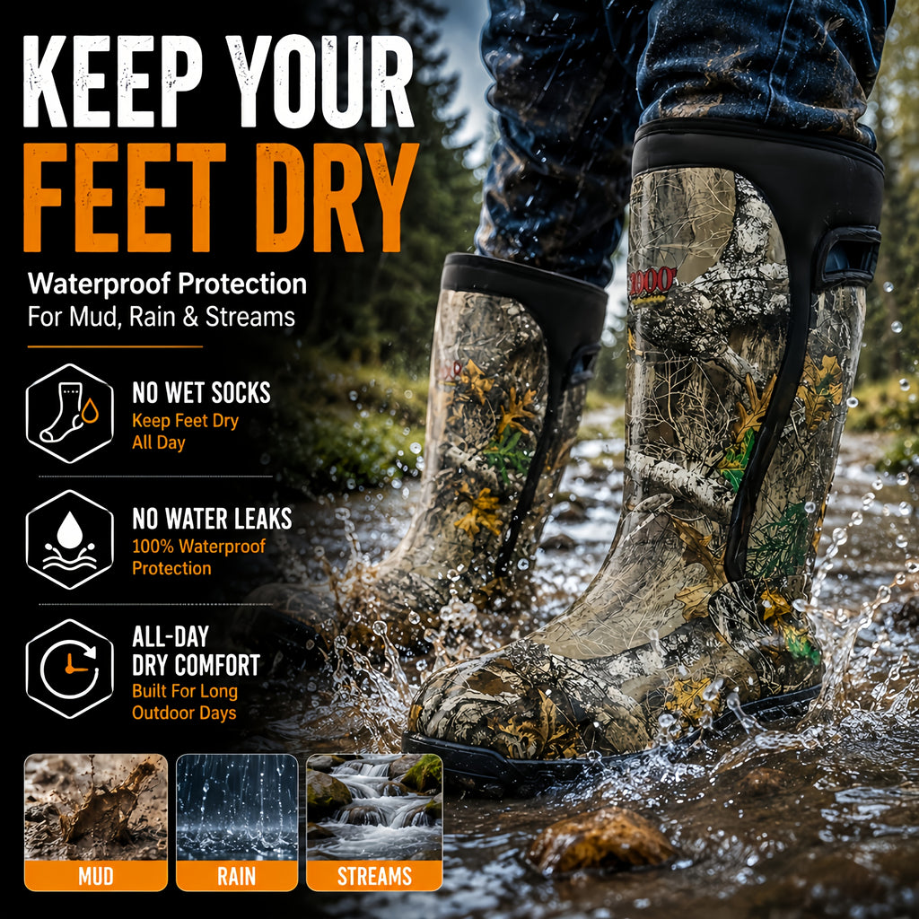 Men's 6mm Neoprene Insulated Hunting Boots – Waterproof Camouflage Rubber Boots with Non-Slip Sole, Slip-On Outdoor Boots for Duck Hunting Fishing Hiking Farming, Sizes US 8-14