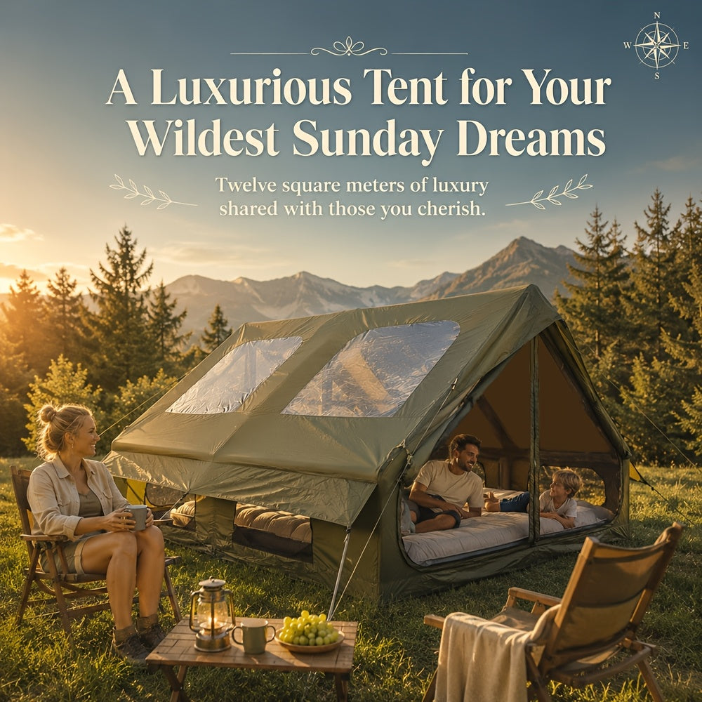 Inflatable Glamping Tent for 4-6 Person – 4-Season Large Luxury Air Tent with Optional Skylight & Stove Jack, Manual Pump Included, Windproof Family Camping Shelter (6.3-12 sqm)