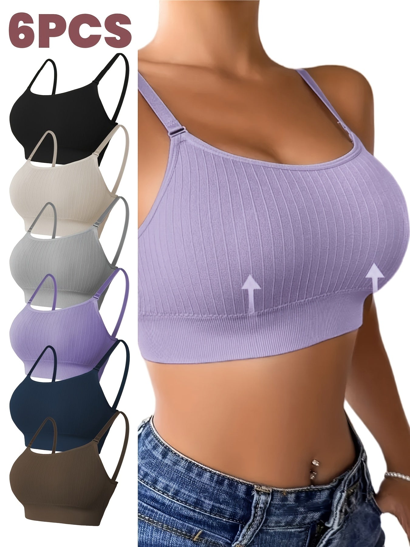 6-Pack Women's U-Back Sports Bra – Adjustable Straps, Removable Padded Cups, Seamless Knit Wireless Bralette for Workout Yoga Everyday Wear, Mixed Colors, Sizes S-XL