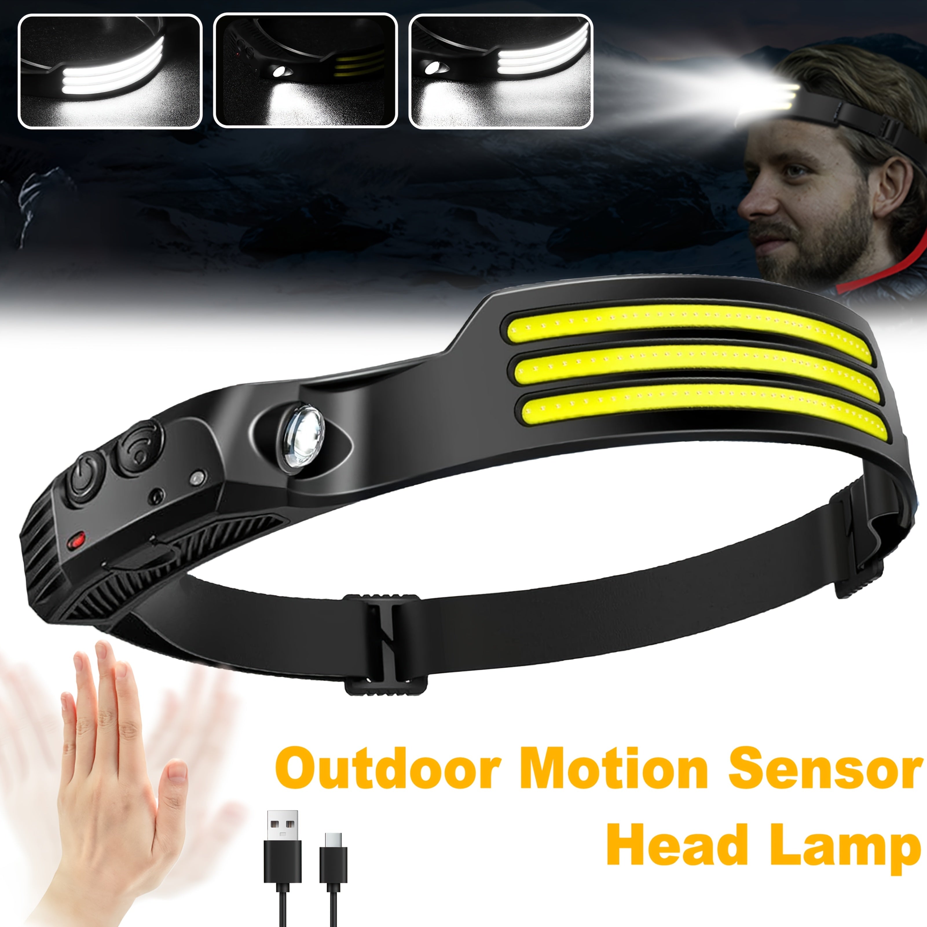 Motion Sensor Headlamp USB Rechargeable – IP54 Waterproof Super Bright LED Head Lamp with 5 Light Modes for Camping, Hiking, Running & Fishing | 1, 2 or 3 Pack