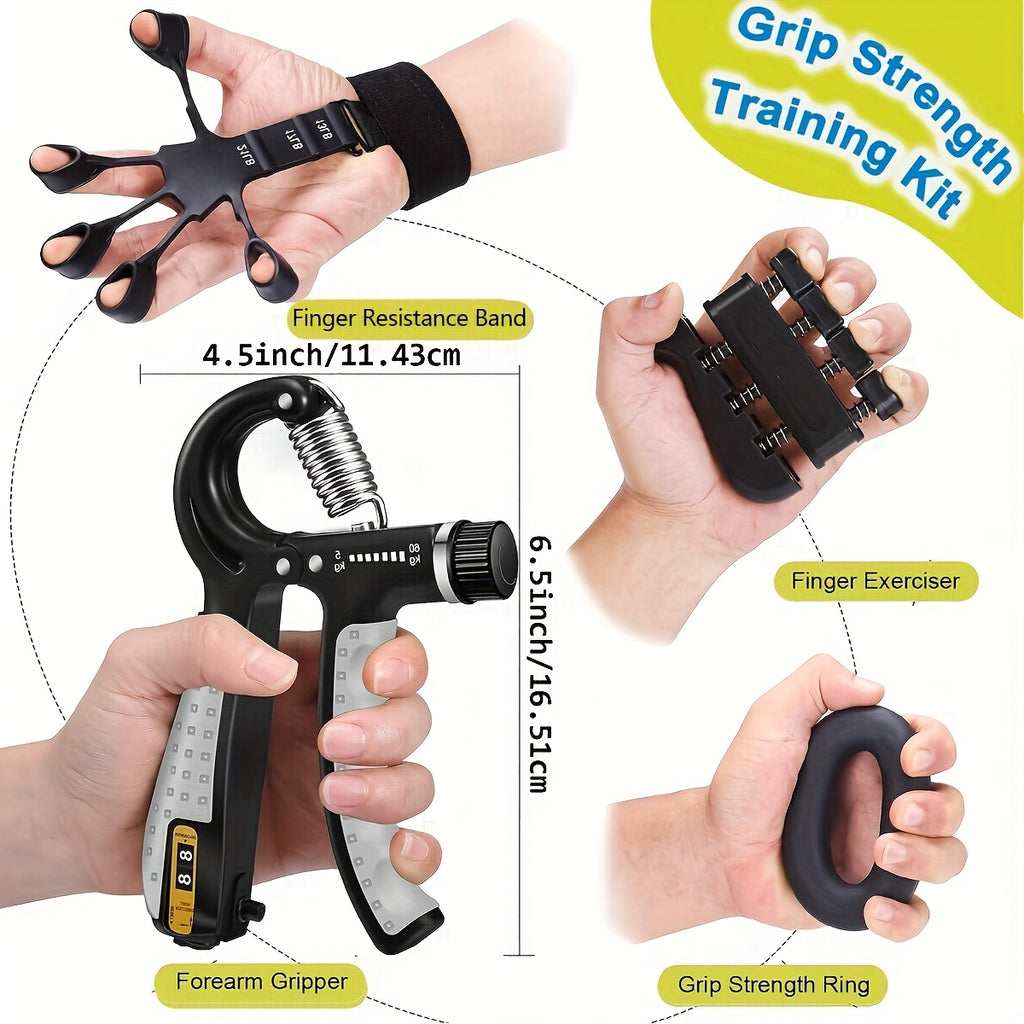 Grip Strength Trainer Set 6pcs – Adjustable Hand Gripper 10-130 lbs with Rep Counter, Finger Exerciser, Forearm Workout Rings & Finger Stretcher for Rock Climbing Fitness Sports Musicians