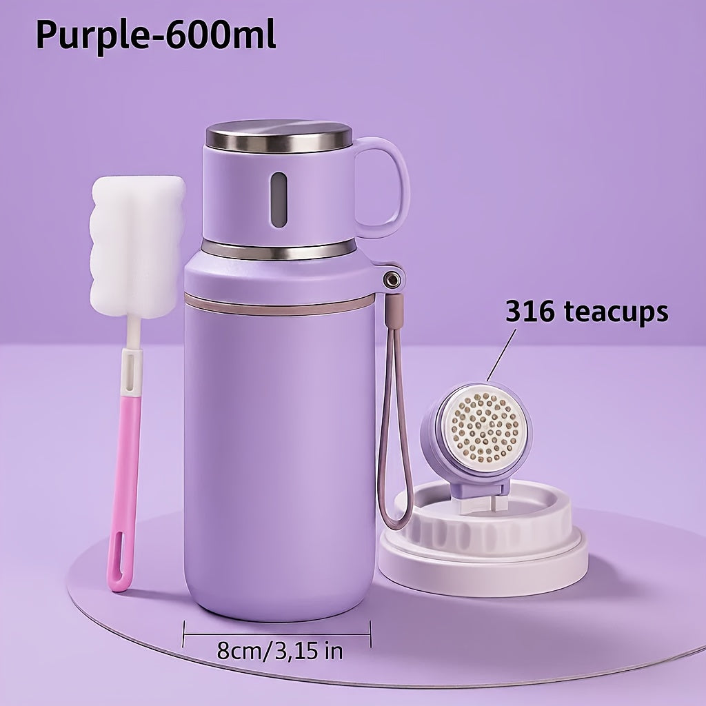 Insulated Water Bottle 600ml Stainless Steel Double Wall Leak-Proof Lid with Handle & Cleaning Brush – Vacuum Tumbler for Outdoor Hiking Camping Gym Travel