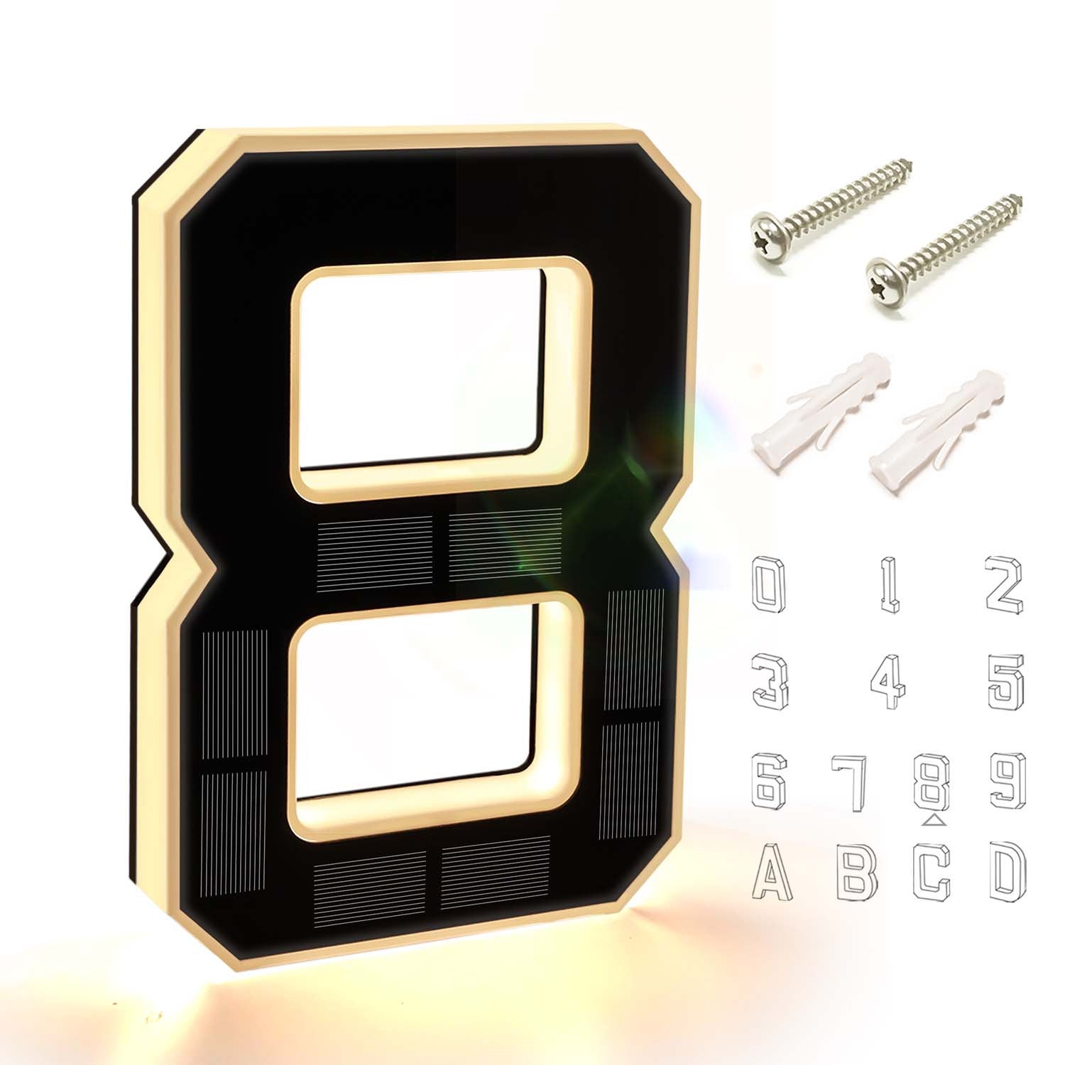 9 Inch Solar Lighted House Numbers for Outside - IP44 Waterproof, Auto Light Sensor, 9hr Illumination, Modern Exterior Address Sign, Numbers 0-9 & Letters A-D