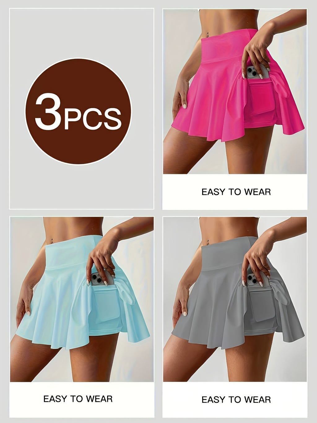 Women's Athletic Skort 3-Pack High Waisted with Built-In Shorts & Pockets – Tennis Golf Pickleball Running Skirt S-XXL Orange Navy White