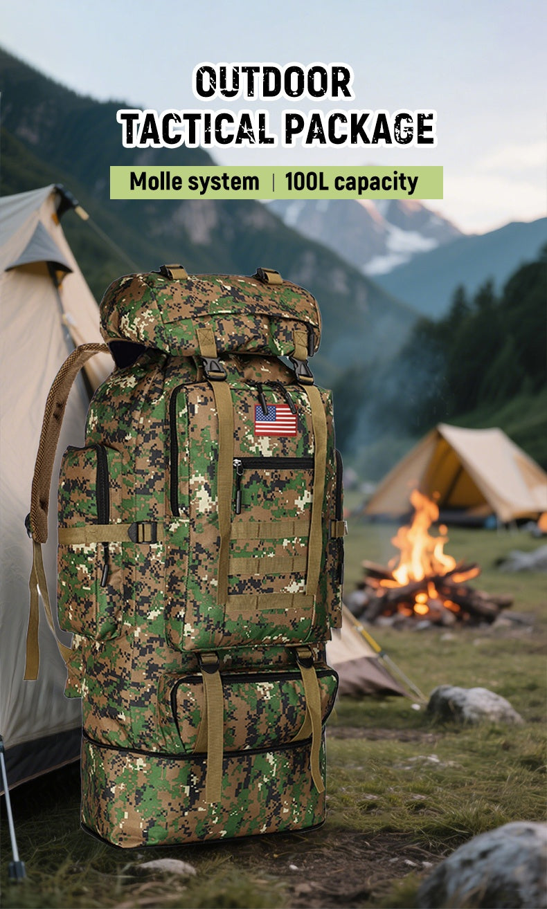 100L Tactical Camouflage Backpack – Large Capacity Hiking Rucksack with Multiple Compartments, Ergonomic Straps for Camping, Trekking, Hunting & Travel