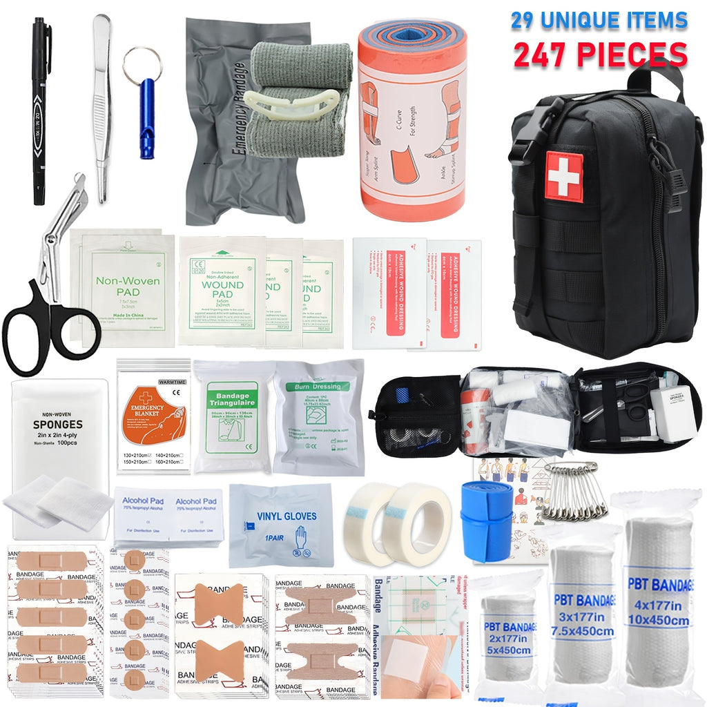 247 Piece IFAK Trauma First Aid Kit with CAT Tourniquet - MOLLE Compatible Tactical Medical Bag - Bleeding Control Wound Care Splinting Airway Management - EMT Military Camping Hiking Home FSA HSA Eligible