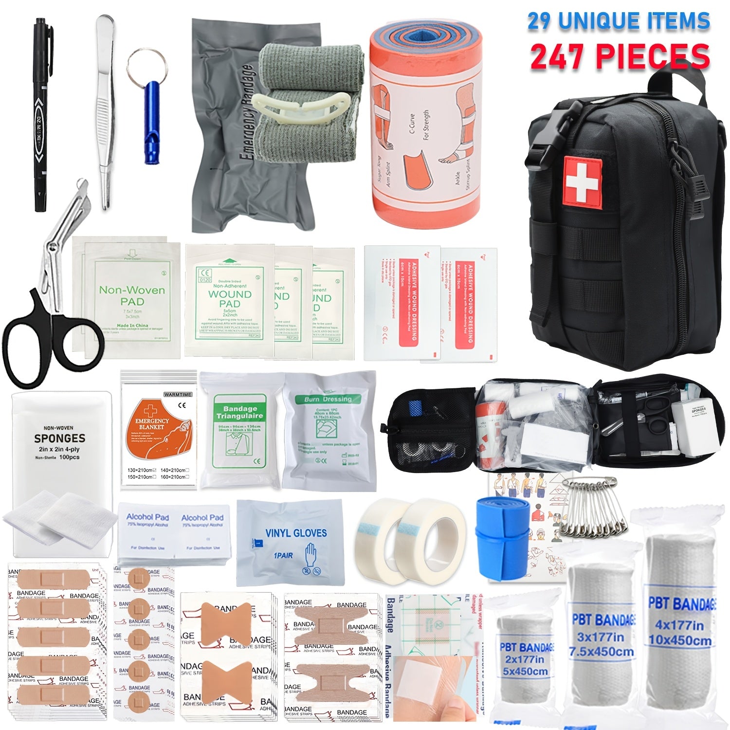 247 Piece IFAK Trauma First Aid Kit with CAT Tourniquet - MOLLE Compatible Tactical Medical Bag - Bleeding Control Wound Care Splinting Airway Management - EMT Military Camping Hiking Home FSA HSA Eligible