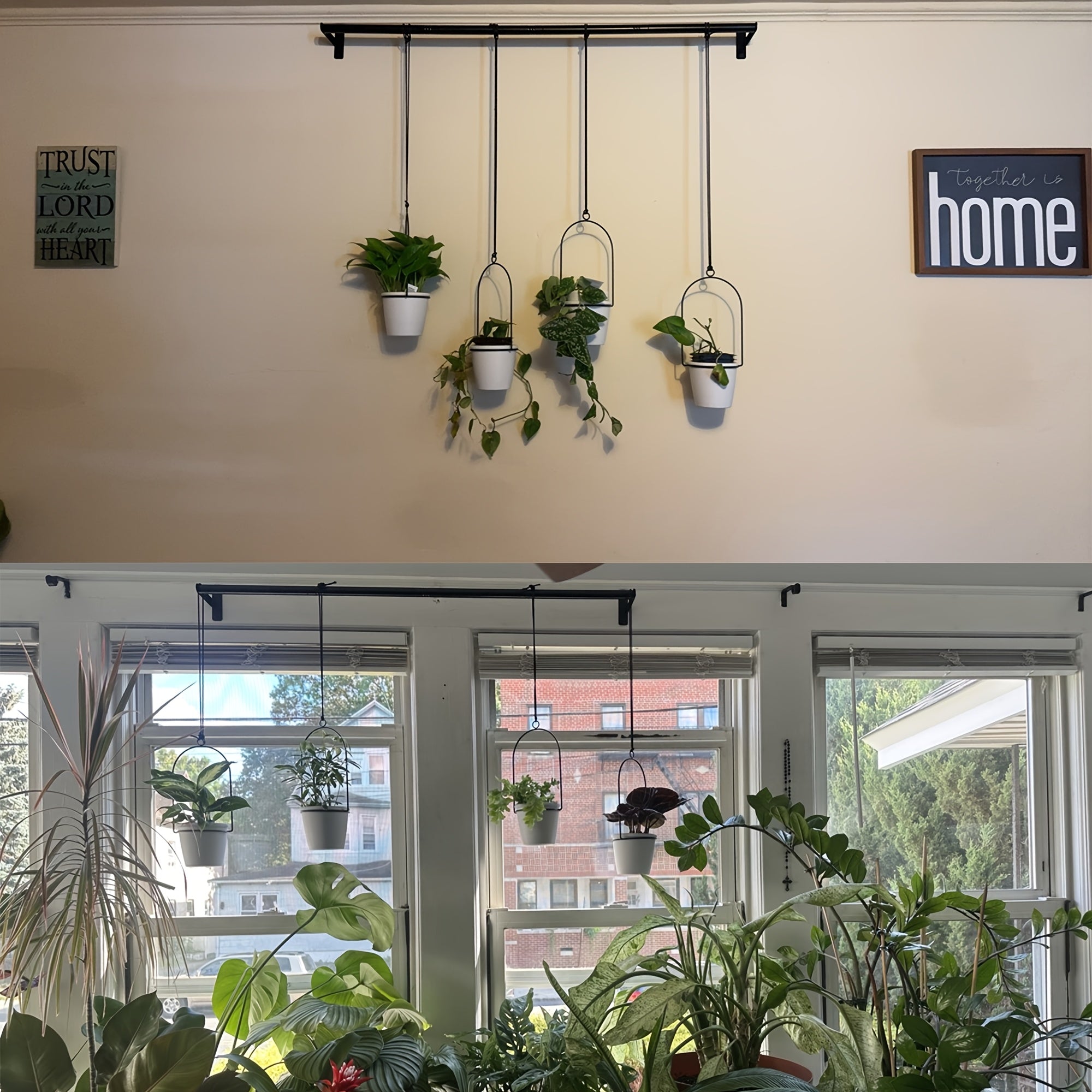 Metal Adjustable Hanging Flower Pot Set - 4 Plastic Pots & Nylon Rope Wall Plant Hanger for Indoor Window, Ceiling & Kitchen Herb Garden, Expandable 11.8"-18.1", 1 Set or 5 Pots