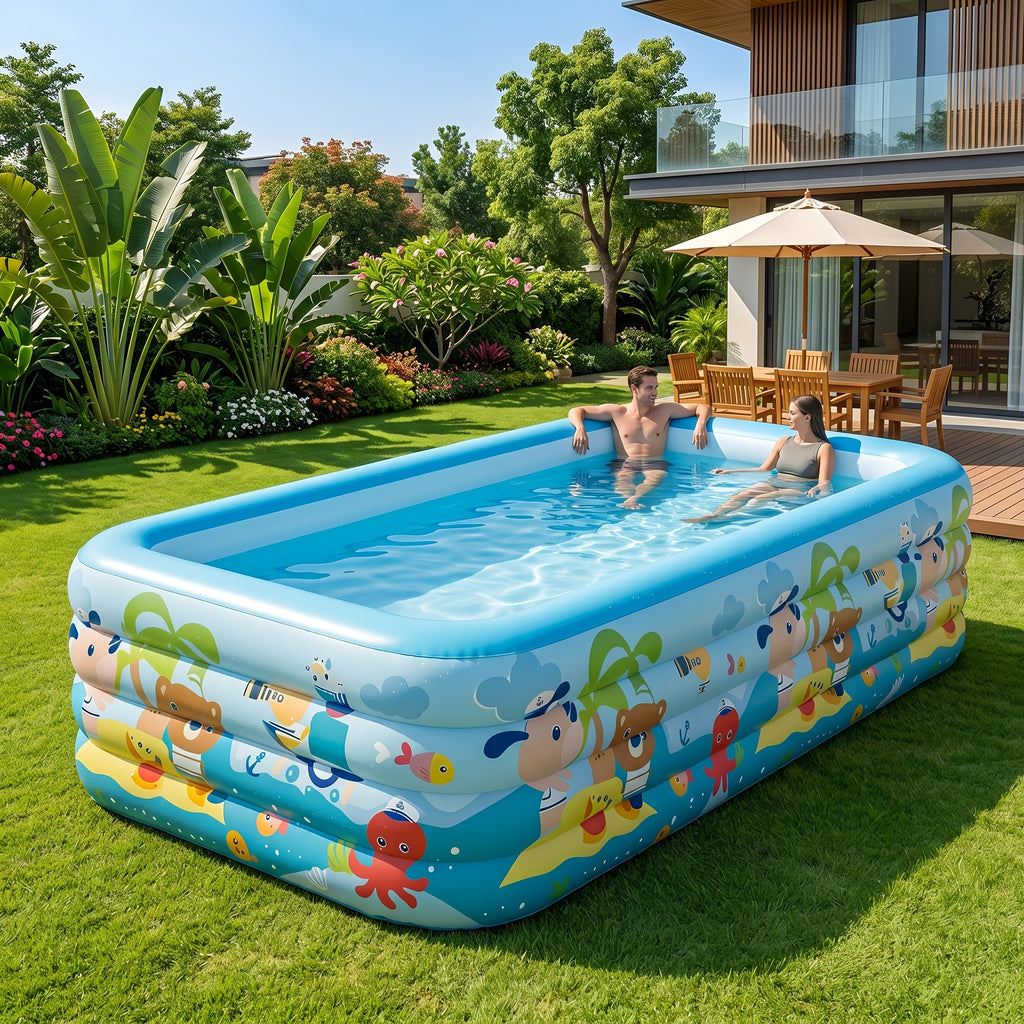 Extra Large Rectangular Inflatable Swimming Pool for Family, Thickened PVC Wear-Resistant Leak-Proof Backyard Pool for 1-6 People, Easy Setup Above Ground Pool for Garden Outdoor Summer Fun