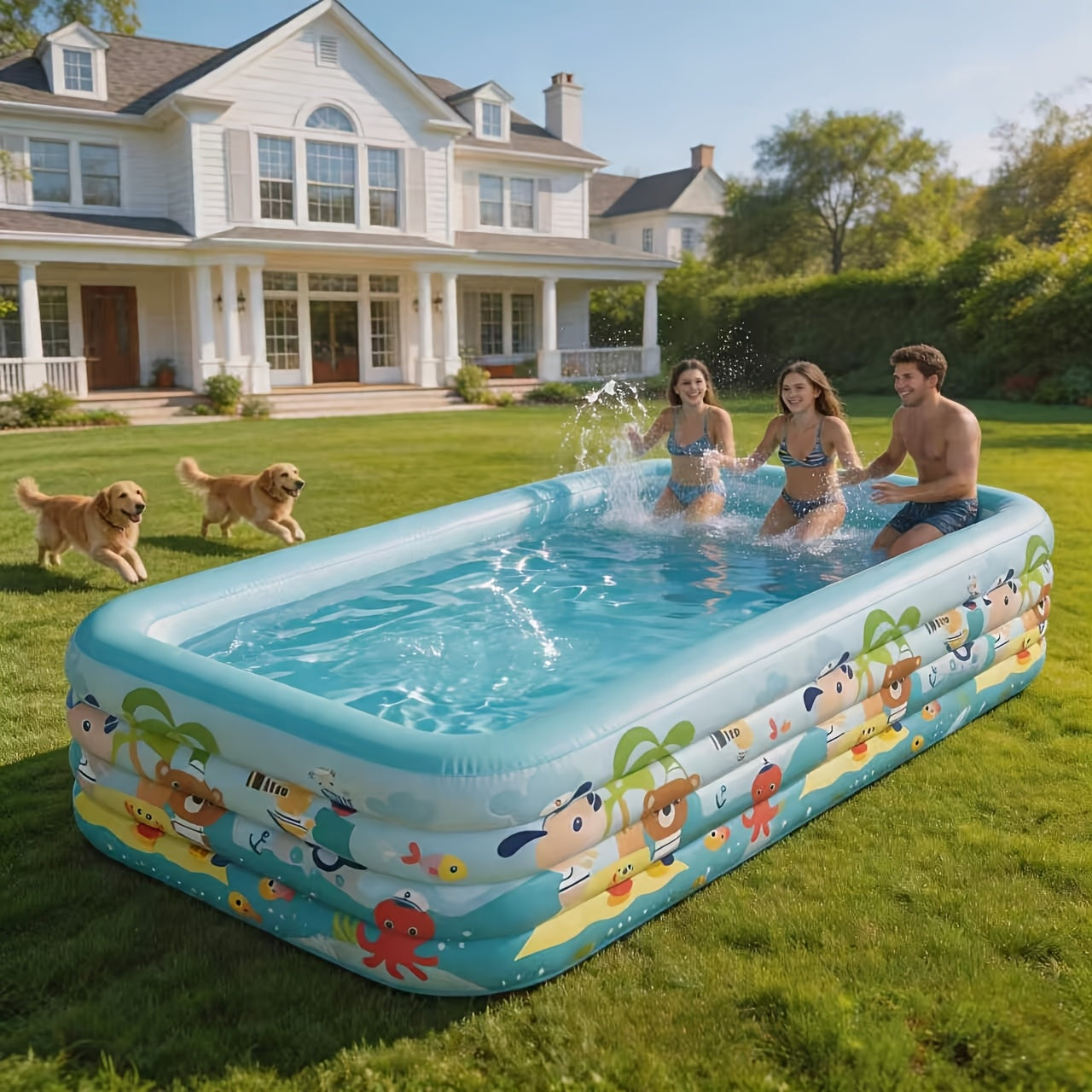 Extra Large Rectangular Inflatable Swimming Pool for Family, Thickened PVC Wear-Resistant Leak-Proof Backyard Pool for 1-6 People, Easy Setup Above Ground Pool for Garden Outdoor Summer Fun