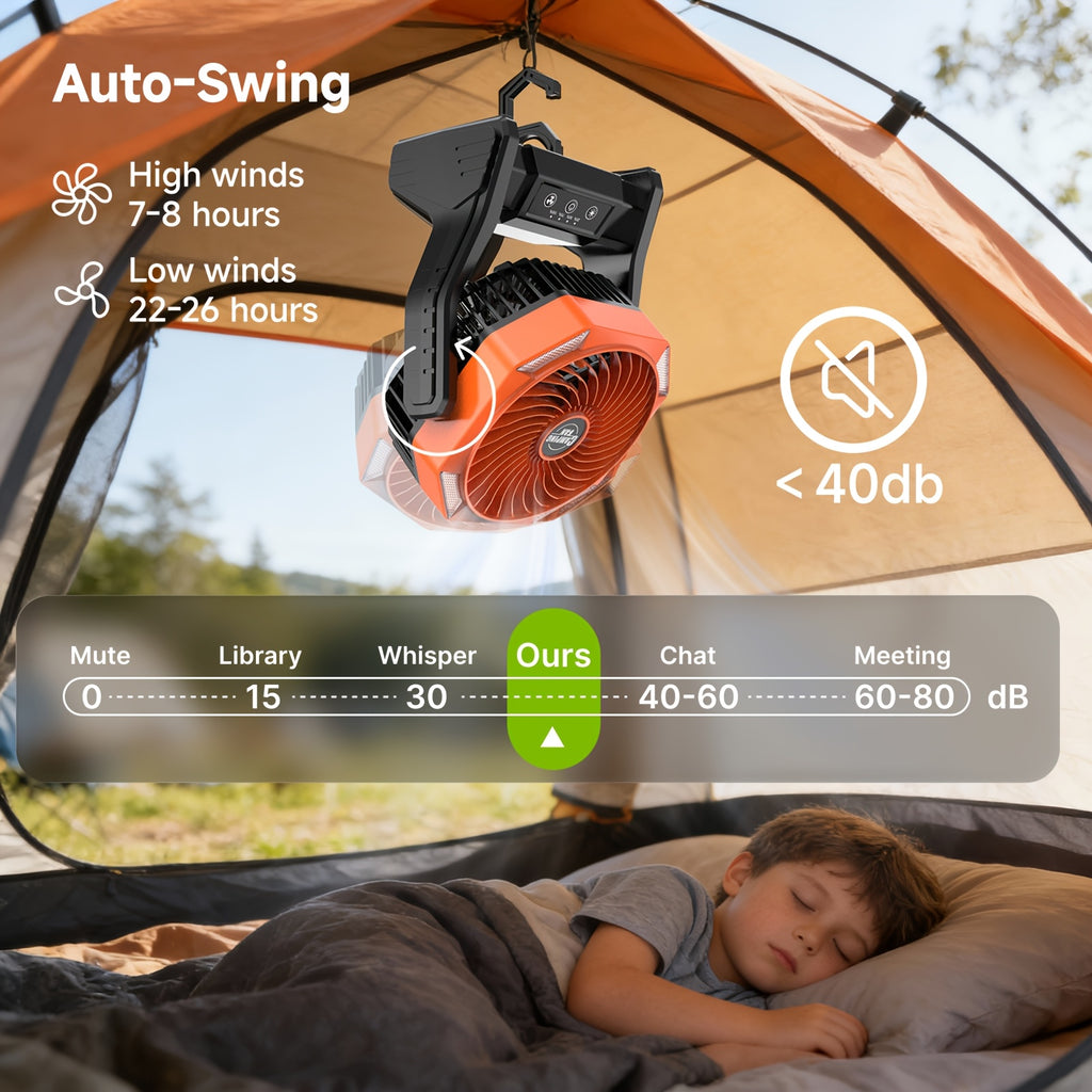 20000mAh Camping Fan with LED Light & Brushless Motor – Portable Outdoor Fan for Camping Hiking Picnic Emergency Use, 4 Speeds, 180° Oscillation, 22-26H Battery Life