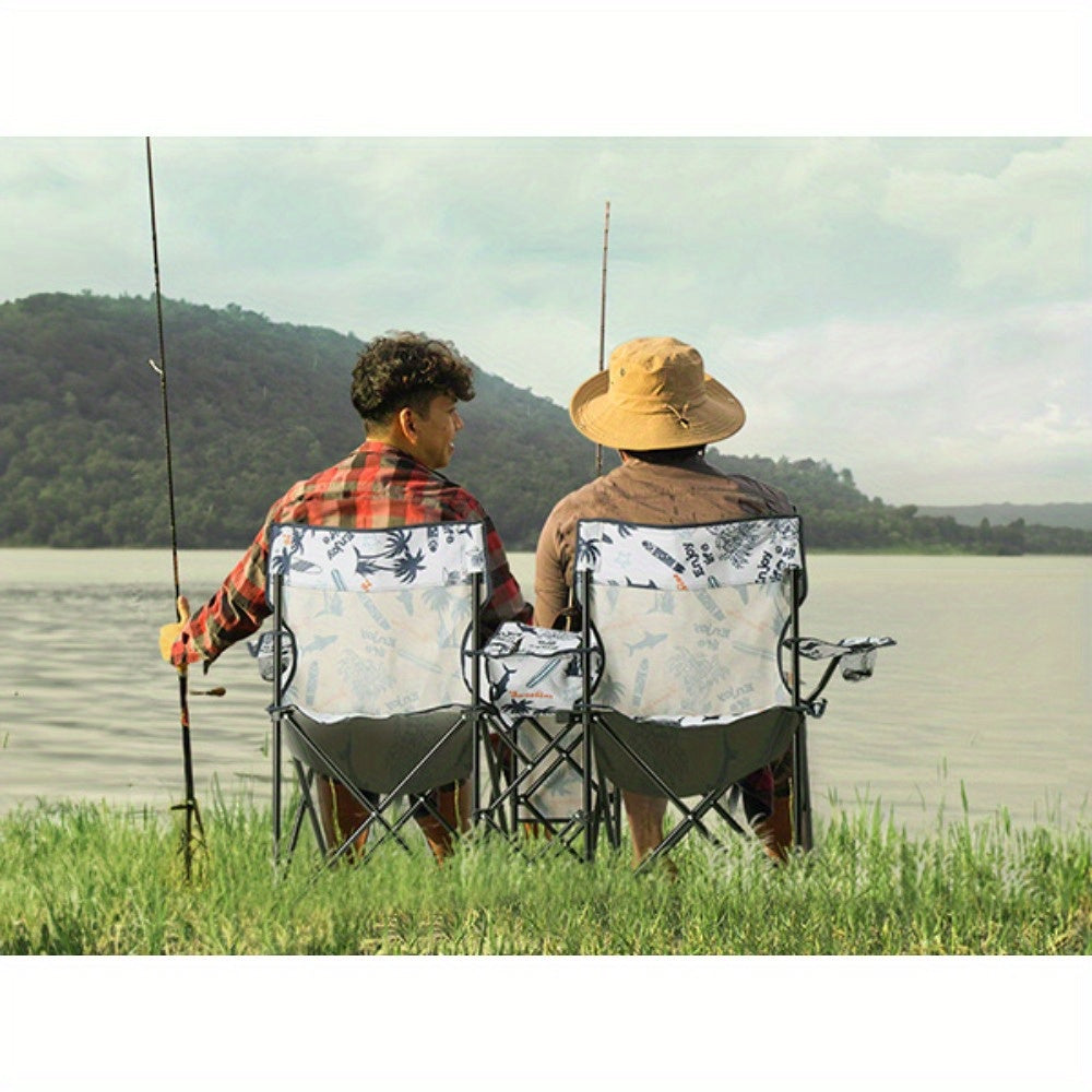Folding Fishing Chair with Sun Umbrella 2-Seat Portable Outdoor Chair - Iron Alloy Frame Oxford Fabric Beach Patio Camping Chair with Storage Bag - Red Black Grey Blue Coconut Pineapple Pattern