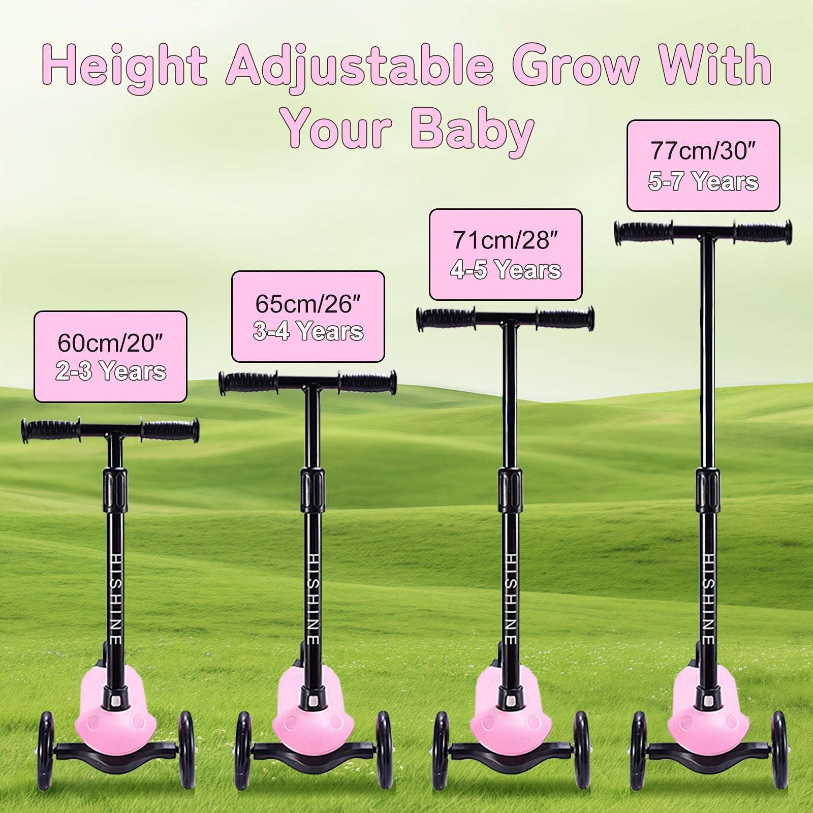 Kids 3-Wheel Scooter Ages 2-5 Adjustable Height Lean to Steer Light Up Wheels Front Brake Double Suspension Toddler Scooter Pink Blue Red Black