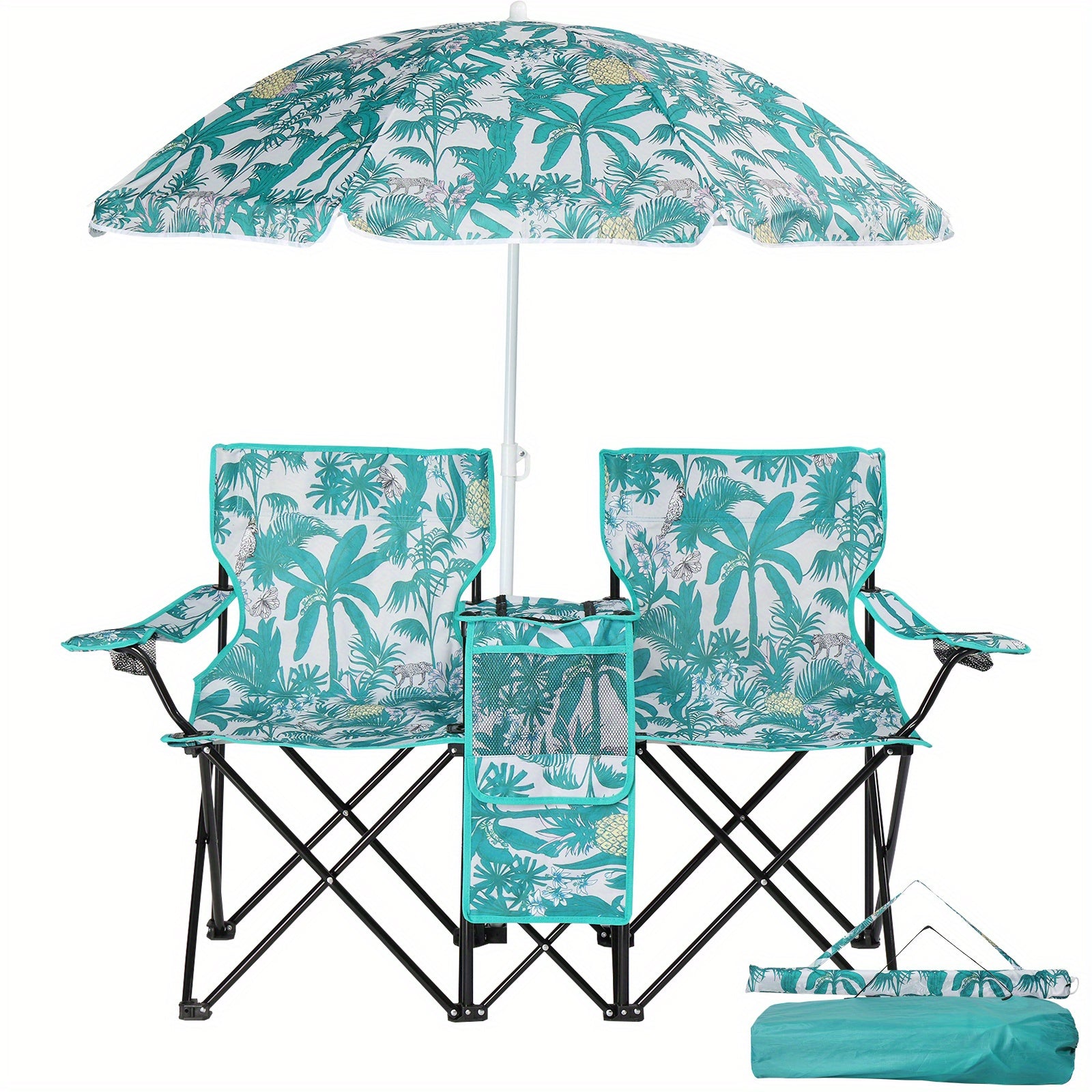 Folding Fishing Chair with Sun Umbrella 2-Seat Portable Outdoor Chair - Iron Alloy Frame Oxford Fabric Beach Patio Camping Chair with Storage Bag - Red Black Grey Blue Coconut Pineapple Pattern