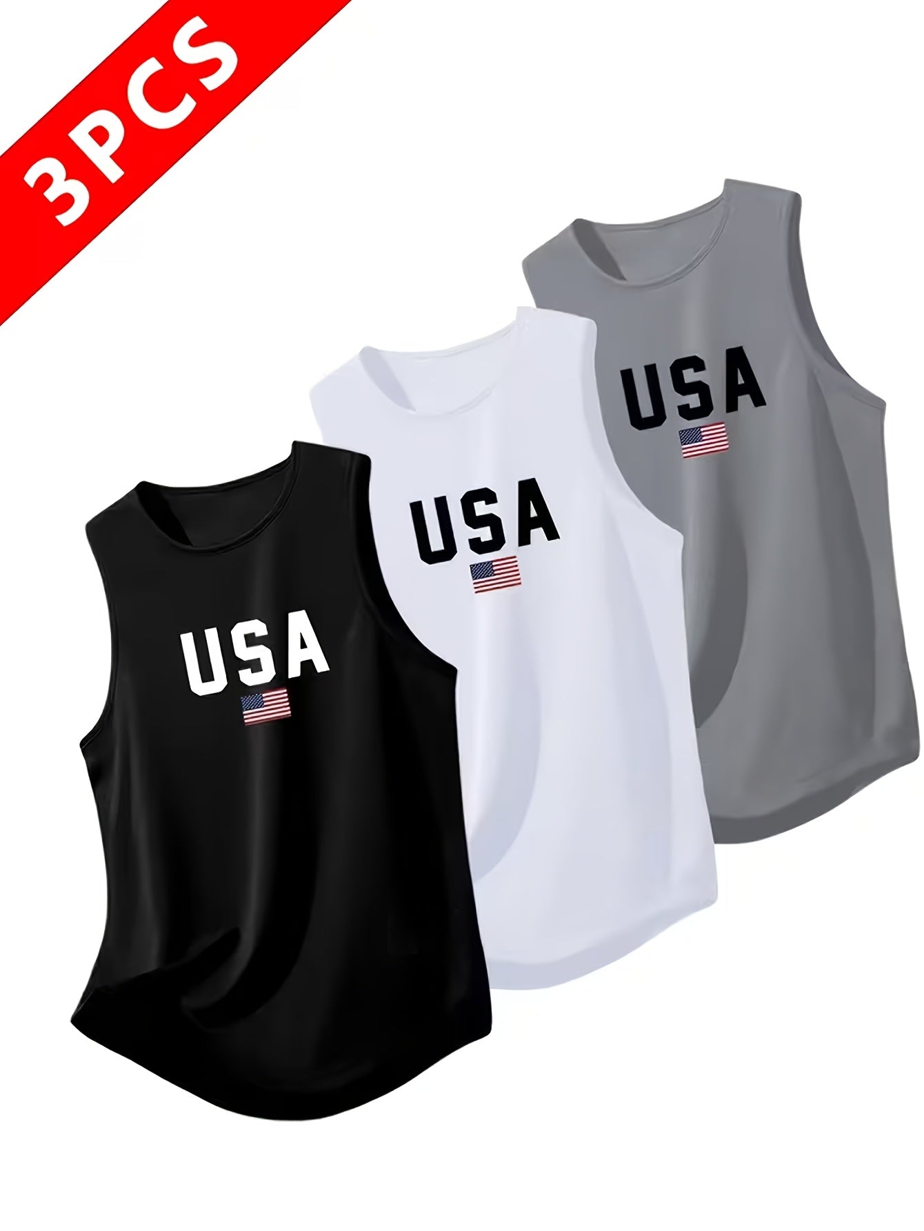USA Print Men's Quick-Dry Tank Tops 3-Pack Sleeveless Breathable Moisture-Wicking – Crew Neck Athletic Vests for Running Training Gym Black White Gray